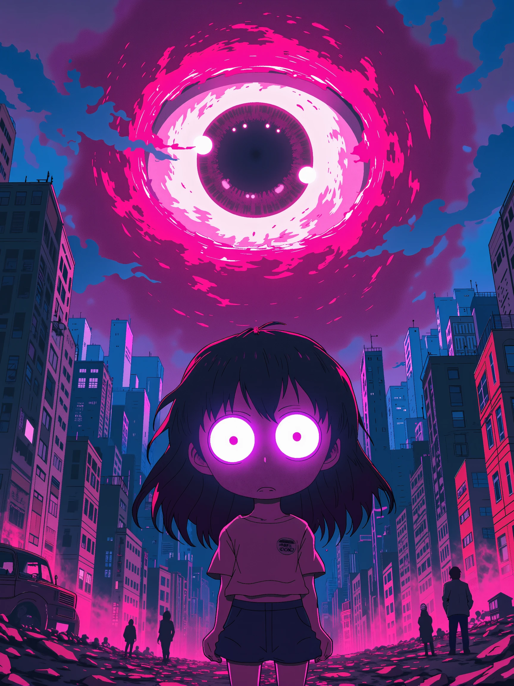 A girl with large glowing eyes stands in front of a cityscape with a giant pink eyeball monster. The city is destroyed with buildings and people in the background. The girl appears to be in shock or fear, best quality, ultra high resolution, masterpiece, anime style <lora:MJanime_Flux_LoRa_v3_Final:1.0>