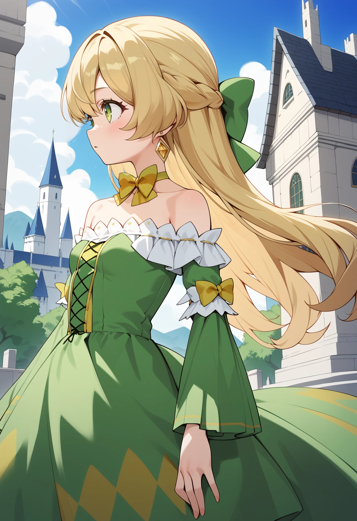 score_9, score_8_up, score_7_up, score_6_up, score_5_up, score_4_up, source_anime, aatelestia, long hair, blonde hair, hair bow, earrings, green eyes, small breasts, collarbone, bare shoulders, yellow bowtie, strapless, green dress, long sleeves, green sleeves, <lora:telestia_terra_esfort_ponyxl_v1:0.9>, from side, standing, cowboy shot, castle,