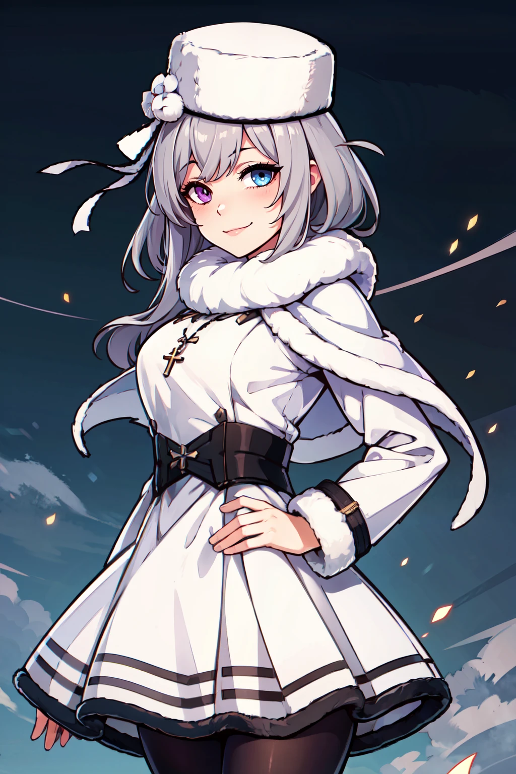 ((masterpiece,best quality)), absurdres, <lora:Murmansk_Azurlane:0.8>, zzMurmansk, long hair, purple eyes, heterochromia, blue eyes, bangs, grey hair, hat, white headwear, cross necklace, fur-trimmed dress, white dress, papakha, black pantyhose, long sleeves, black belt, white coat, capelet, winter coat,   ,,, cowboy shot, smile, looking at viewer,