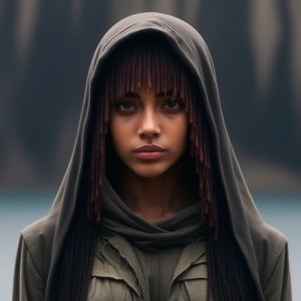 verosha  acolyte 1girl solo looking at viewer long hair brown hair upper body black hair closed mouth lips hood bangs Waterfall