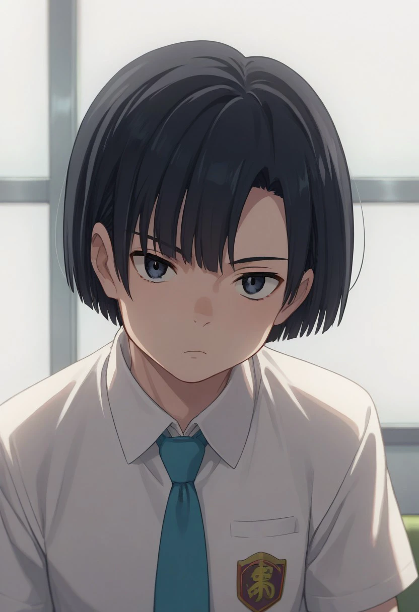 score_9, score_8_up, score_7_up, source_anime, highly detailed, 
nagiamano, 1boy, male focus, solo, necktie, blue necktie, black hair, short hair, bangs, school uniform, shirt, looking at viewer, bored,
indoor,