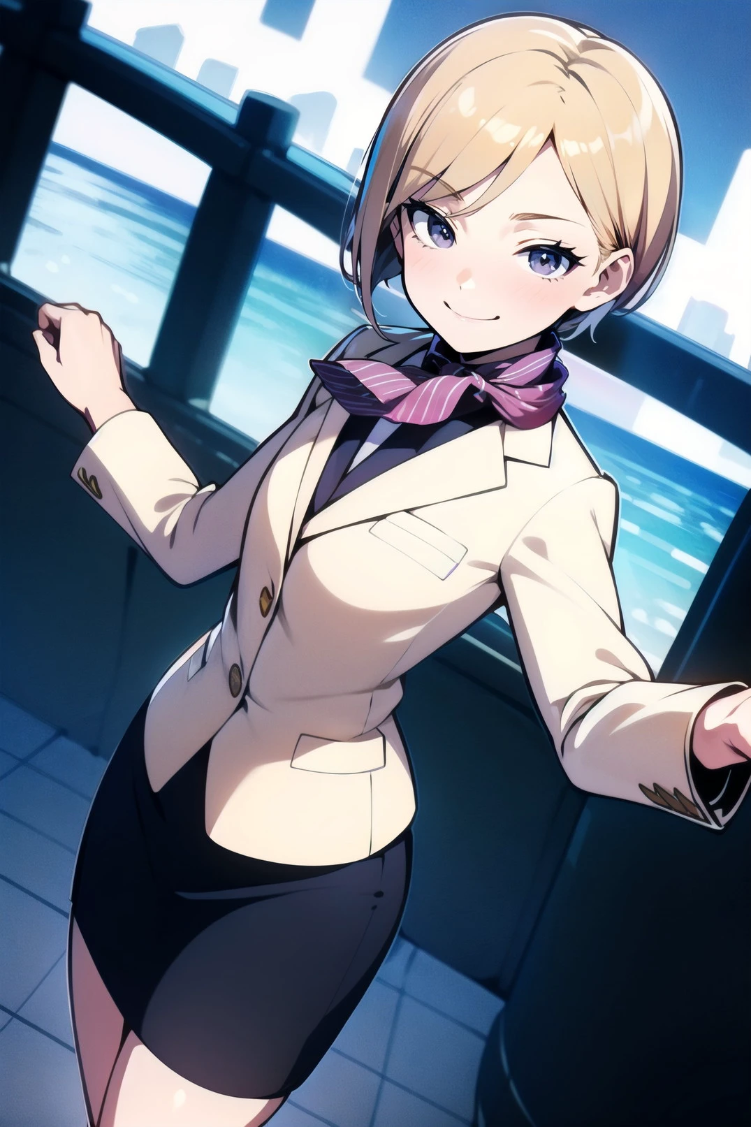 1girl, black eyes, smirk, honey blonde hair, medium-short hair, chubby, small breasts, formal suit, tight skirt, silk_scarf_2d, <lora:silk_scarf_2d_v1:1>, welcome with open arms, dutch angle shot, big bridge, (masterpiece:1.4), extremely detailed, (high resolution), (best quality),