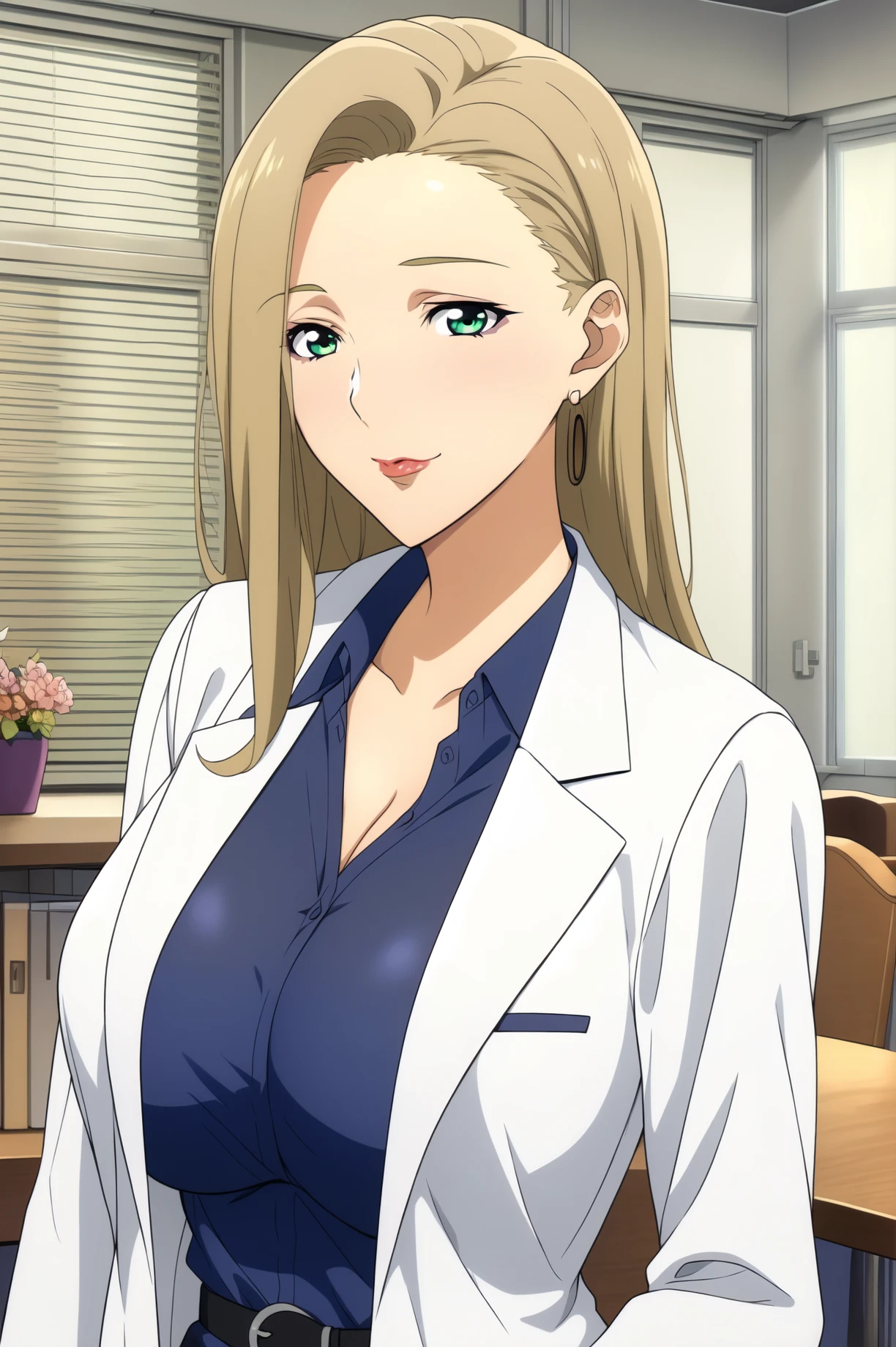 indoors,
dynamic pose,standing at attention,
labcoat,white coat, Blue shirt, collarbone, cleavage, long sleeves, coat, pencil skirt, pantyhose,belt,formal,
<lora:Sayo_Konuki_Losing-KK77-V1:0.7>,Sayo_Konuki_Losing,earrings,
green eyes, blonde hair,bangs,Long hair,Makeup, red lipstick, 
<lora:more_details:0.1>,<lora:NovelAI_YesMix5_KKStyle-KK77-Yes5-V1:0.3>,<lora:Oda_Non_Style2-KK77-Yes5-V1:0.3>,
1 girl, 20yo,Young female,Beautiful long legs,Beautiful body,
Beautiful Nose,Beautiful character design, perfect eyes, perfect face,expressive eyes,perfect balance,
looking at viewer,(Focus on her face),closed mouth, (innocent_big_eyes:1.0),(Light_Smile:0.3),
official art,extremely detailed CG unity 8k wallpaper, perfect lighting,Colorful, Bright_Front_face_Lighting,White skin,
(masterpiece:1.0),(best_quality:1.0), ultra high res,4K,ultra-detailed,
photography, 8K, HDR, highres, absurdres:1.2, Kodak portra 400, film grain, blurry background, bokeh:1.2, lens flare, (vibrant_color:1.2),professional photograph,
(Beautiful,large_Breasts:1.4), (beautiful_face:1.5),(narrow_waist),