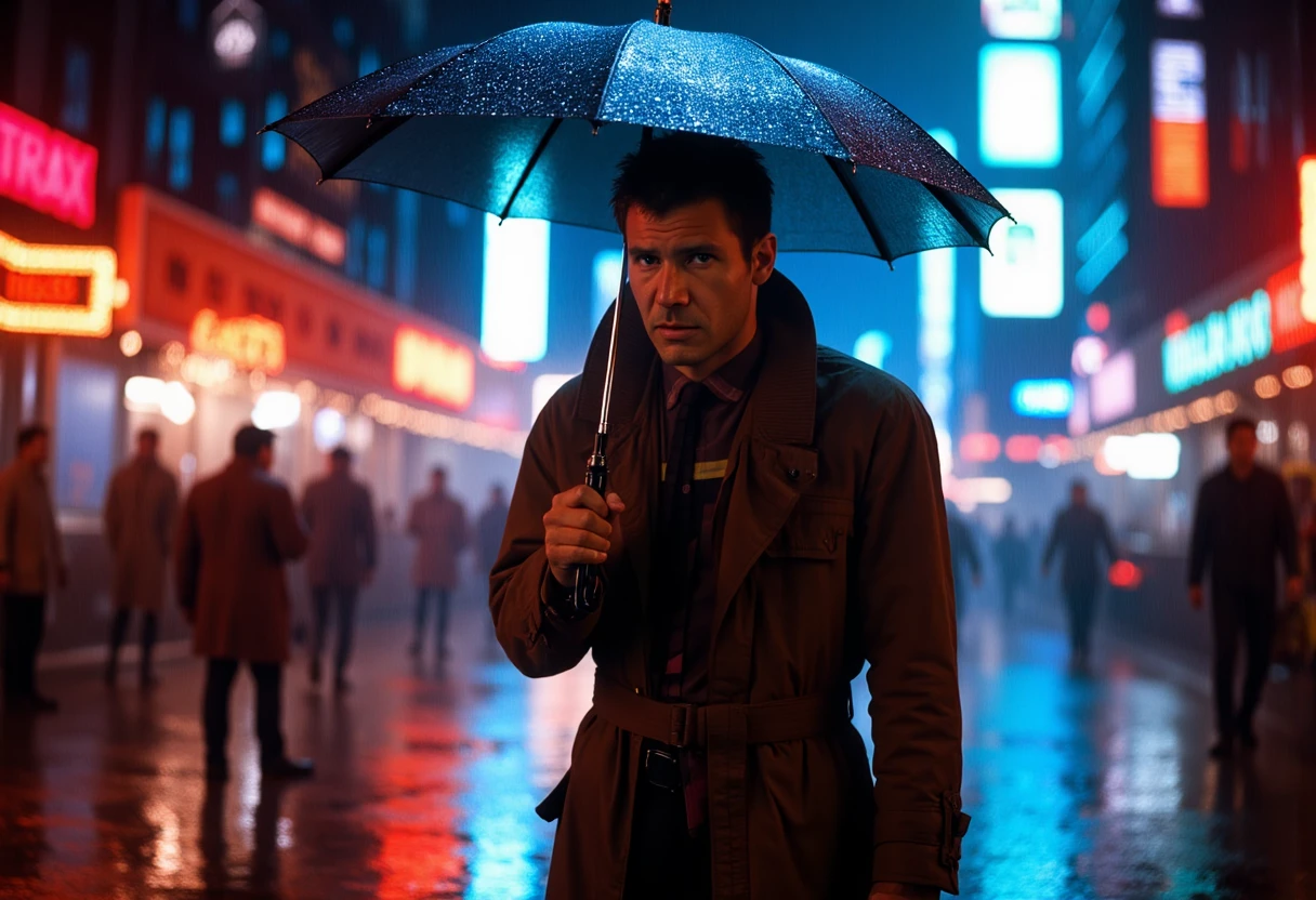 dkrd, Create an image centered on Deckard in a gritty, neon-lit urban street of a dystopian future, rendered in cyberpunk digital art, inspired by Ridley Scott's 'Blade Runner' and Syd Mead. Deckard, wearing his iconic trench coat and holding an umbrella, stands under a flickering streetlight, his face partially illuminated to cast an enigmatic shadow. Surround him with towering skyscrapers and holographic ads, while the bustling city life blurs in the background. Use dramatic ambient lighting with neon reflections to cast a colorful glow on the rain-soaked pavement, enhancing the mysterious and tense atmosphere. Focus on deep blues, reds, and vibrant neon hues, with textures of wet pavement and Deckard’s rain-soaked coat. Emphasize Deckard’s features and reflections on the pavement, with a soft focus on the bustling background. Exclude any natural elements or futuristic utopian settings