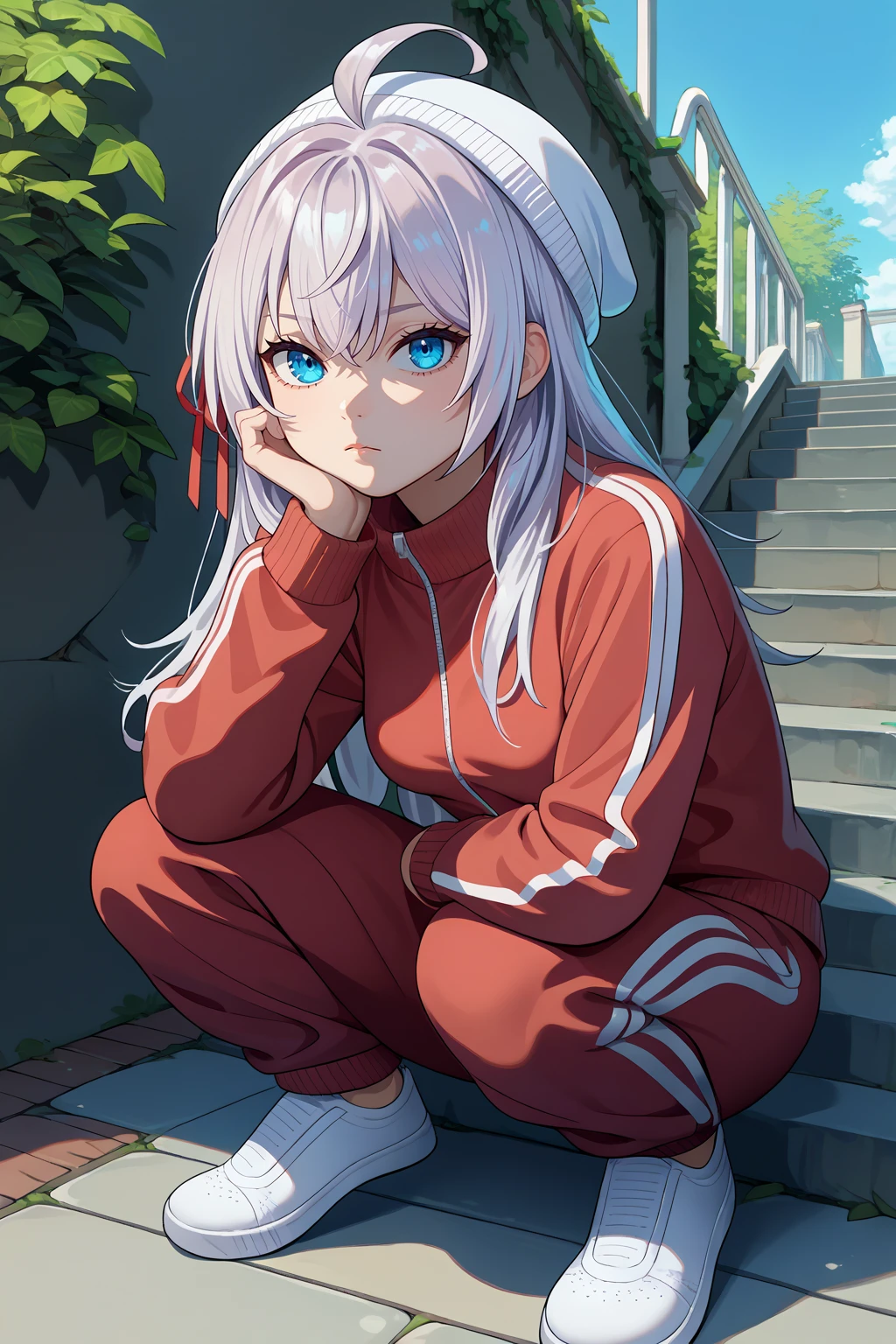 score_9, score_7_up, source_anime, looking at viewer, expressionless, amkkj, large breasts, long hair, silver hair, crossed bangs, blue eyes, ahoge, hair ribbon, beanie, track jacket, track pants, slav squatting, outdoors, apartment, stairs, <lora:Hoseki_Roshidere_Alisa_Mikhailovna_Kujou_PDXL_v1:1>