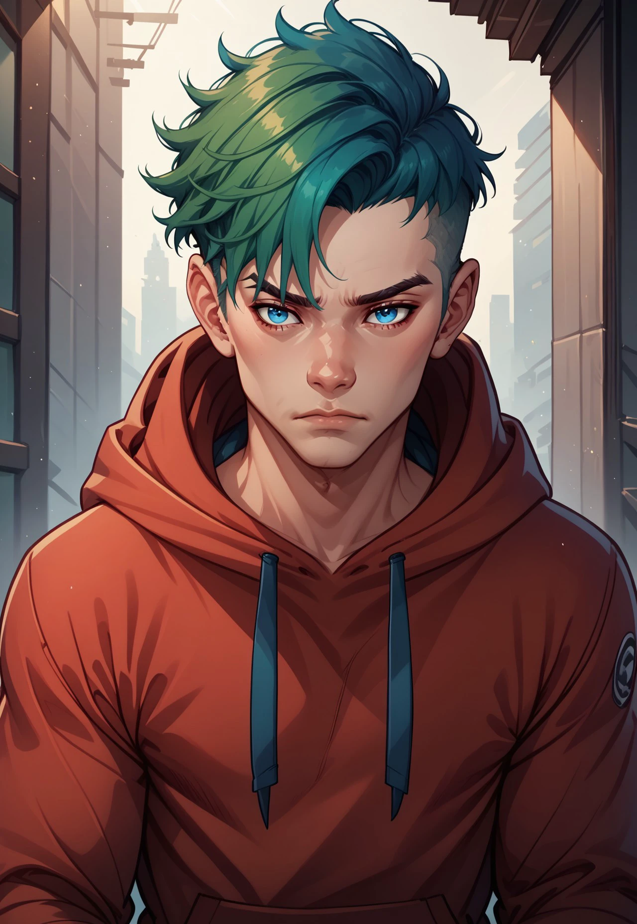 synxomix, 1boy, male focus, solo, hood, hoodie, hood down, upper body, looking at viewer, red hoodie, blue hair, closed mouth, bangs, short hair, green hair, blue eyes, undercut, illustration, comic art style,,  BREAK PonyXLV6_Scores