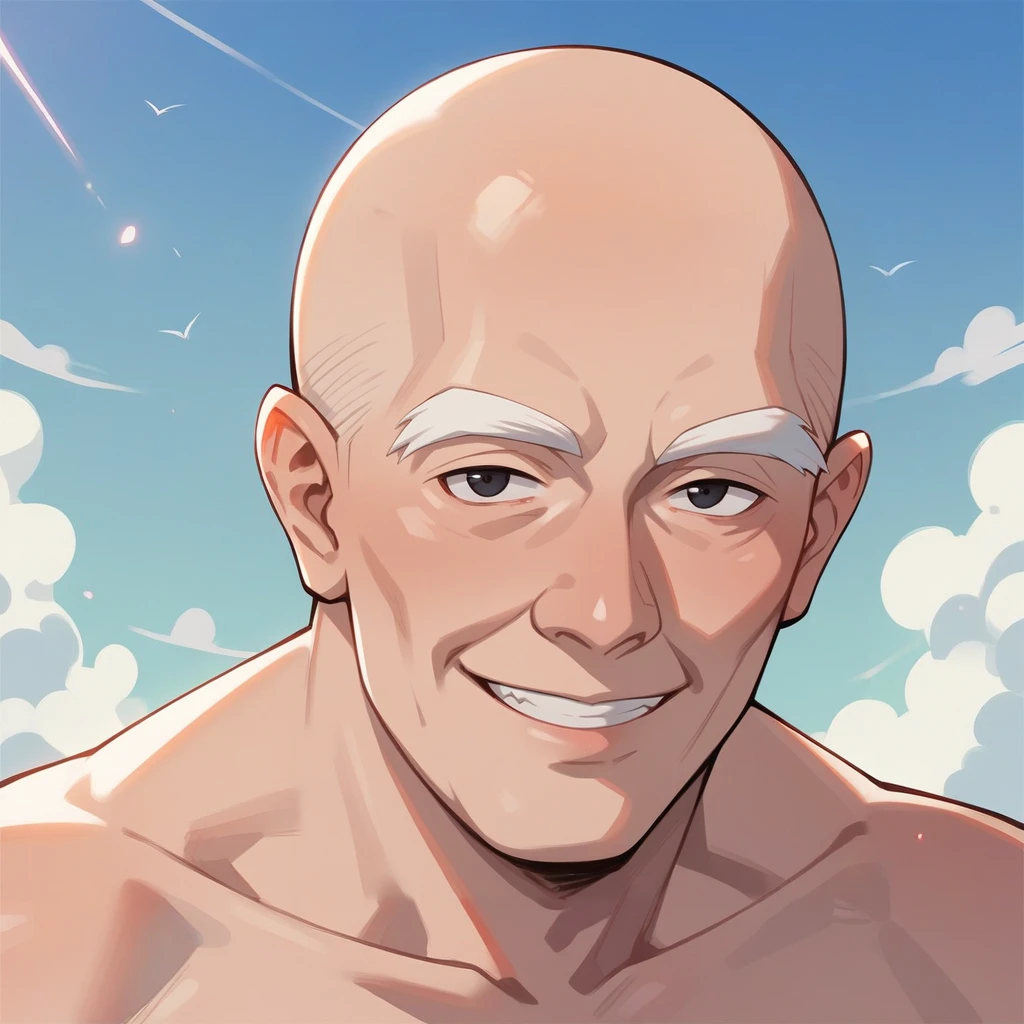 score_9, score_8_up, score_7_up, score_6_up, score_5_up, score_4_up, BREAK, anime, anime style, 1boy, old man, solo,bald , 68 years old, black eyes, white eyebrows, open eyes, smile,nude
<lora:Smooth Anime Style LoRA XL:1>