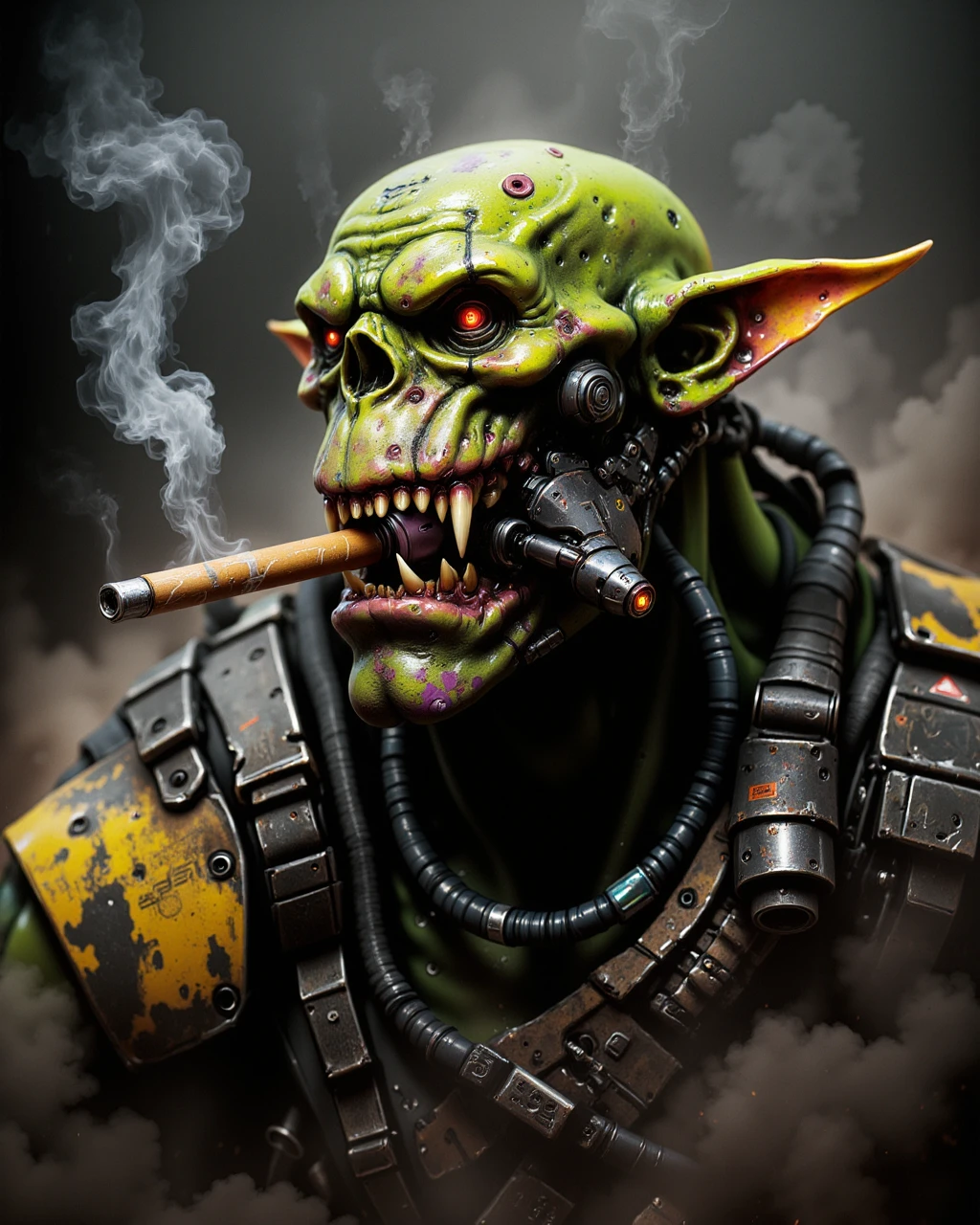 aiai-Orks, gorkamorka brute smoking a ciger, green realistic skin, dystopian dark battlefield, in the style of moebius and james stokoe and dan mumford and geof darrow. Ultra detailed, grimy, worn textures, tactile, smoke and dirt, mad max fury road style, dystopian, ambience, film photography, ultra realism, realistic skin, octane, unreal engine, cryengine, fantasy sci-fi art, kodak portra, velvia, orch, frank frazetta, justin gerard, todd mcfarlane, award winning art, cinematic, dynamic, dramtic, beautiful lighting, ray trace, hard surface 3D, light from the side