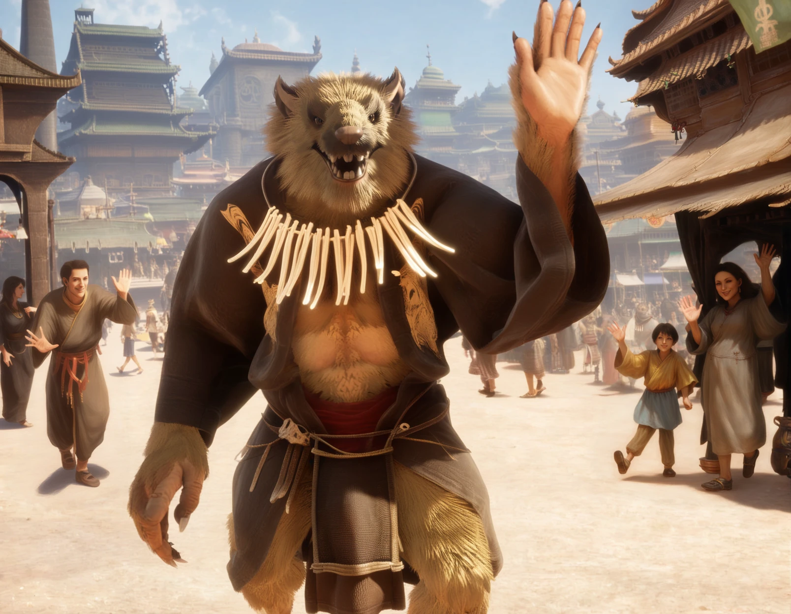 yws, rat, solo focus, male, anthro, brown eyes, bone necklace, black shirt, pattern shirt, open shirt, tassets, loincloth, waving,  (smile:1.2), (buckteeth:1.2), open mouth, walking, looking at viewer,  market, city, building,  ,cheering,  detailed background, market stall,
<lora:BlackMythYellowWindSage_1.0.2:1>