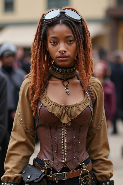 willowsmith, a high resolution photo of a willowsmith 1girl, 1girl, solo, dark skin, black hair, ((septum nose piercing, septum nose ring)), ((slender physique, small breasts, smallest chest, flat chest, she has a very small and tiny bust size)), she is fully clothed. Portrayed as a steampunk enthusiast at a renaissance faire, her brown leather corset adorned with brass gears and clockwork. A ruffled blouse peeks out from underneath, tucked into high-waisted trousers strapped with various pouches and gadgets. Goggles rest atop her head, pushing back auburn curls streaked with copper wire. <lora:WillowSmith_Flux:1>