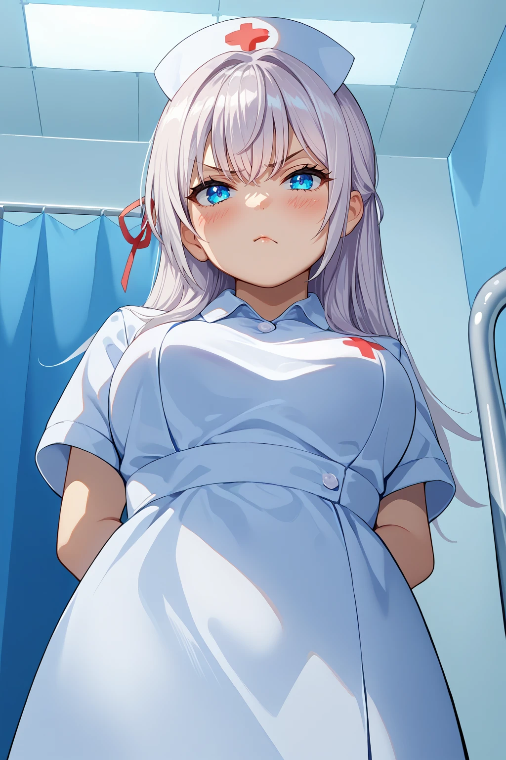 score_9, score_7_up, source_anime, from below, looking at viewer, pout, blush, amkkj, large breasts, long hair, silver hair, crossed bangs, blue eyes, hair ribbon, nurse, nurse cap, collared dress, arms behind back, indoors, hospital, <lora:Hoseki_Roshidere_Alisa_Mikhailovna_Kujou_PDXL_v1:1> 