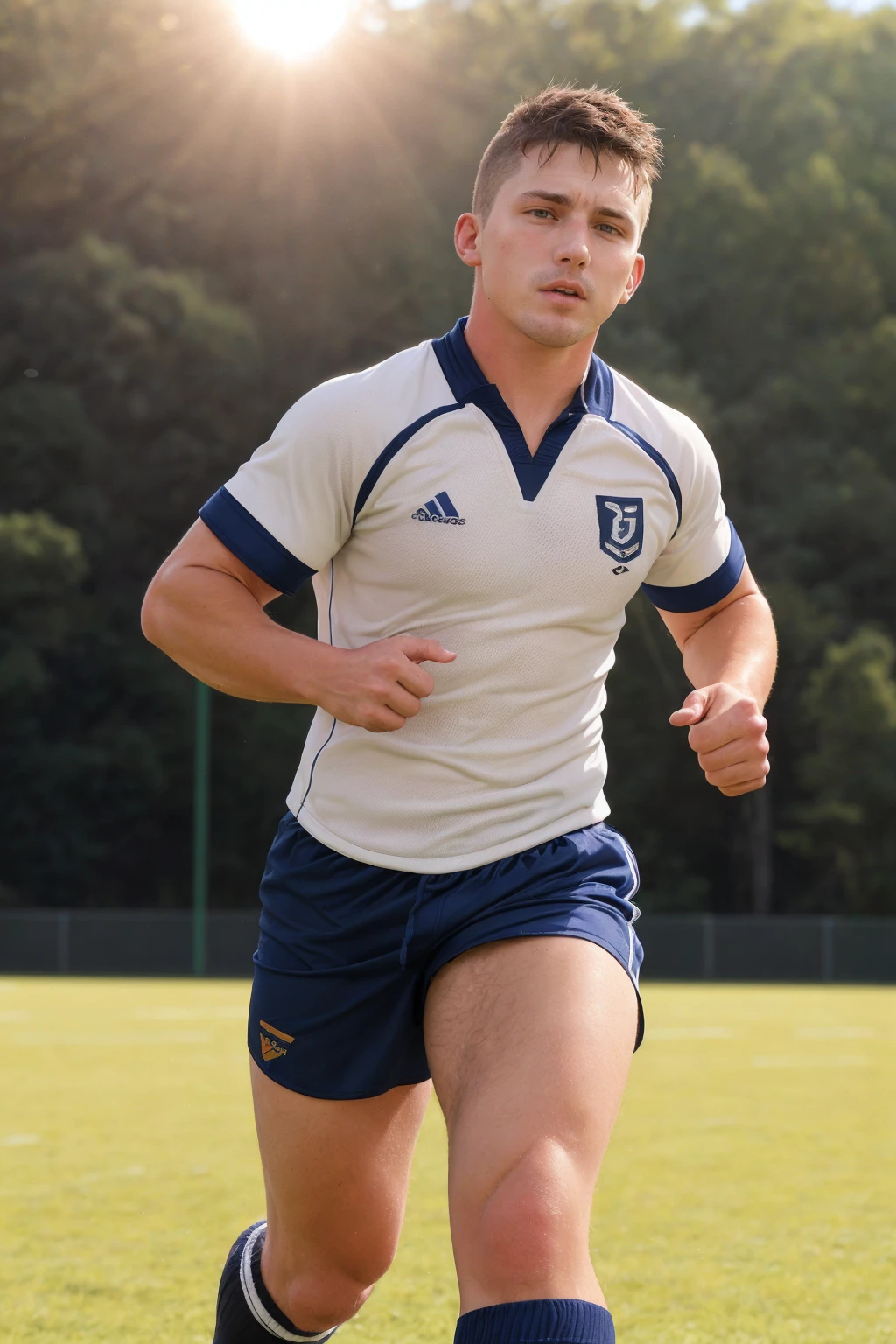 <lora:jake_porter_SD15_epoch_10:0.8>,  jakeporterperson, wearing rugby uniform and shorts, socks and cleats, running on a field, natural lighting