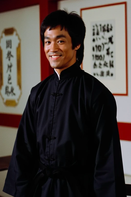 shaolinabbot_brucelee, a chinese shaolinabbot_brucelee man, brucelee, 1boy, male focus, ((solo)), black hair, dressed in traditional black Chinese martial arts attire, standing, (((portrait, close up, seen from up close))), smile, happy, <lora:ShoalinAbbot_BruceLee_ETD_Flux:0.8>