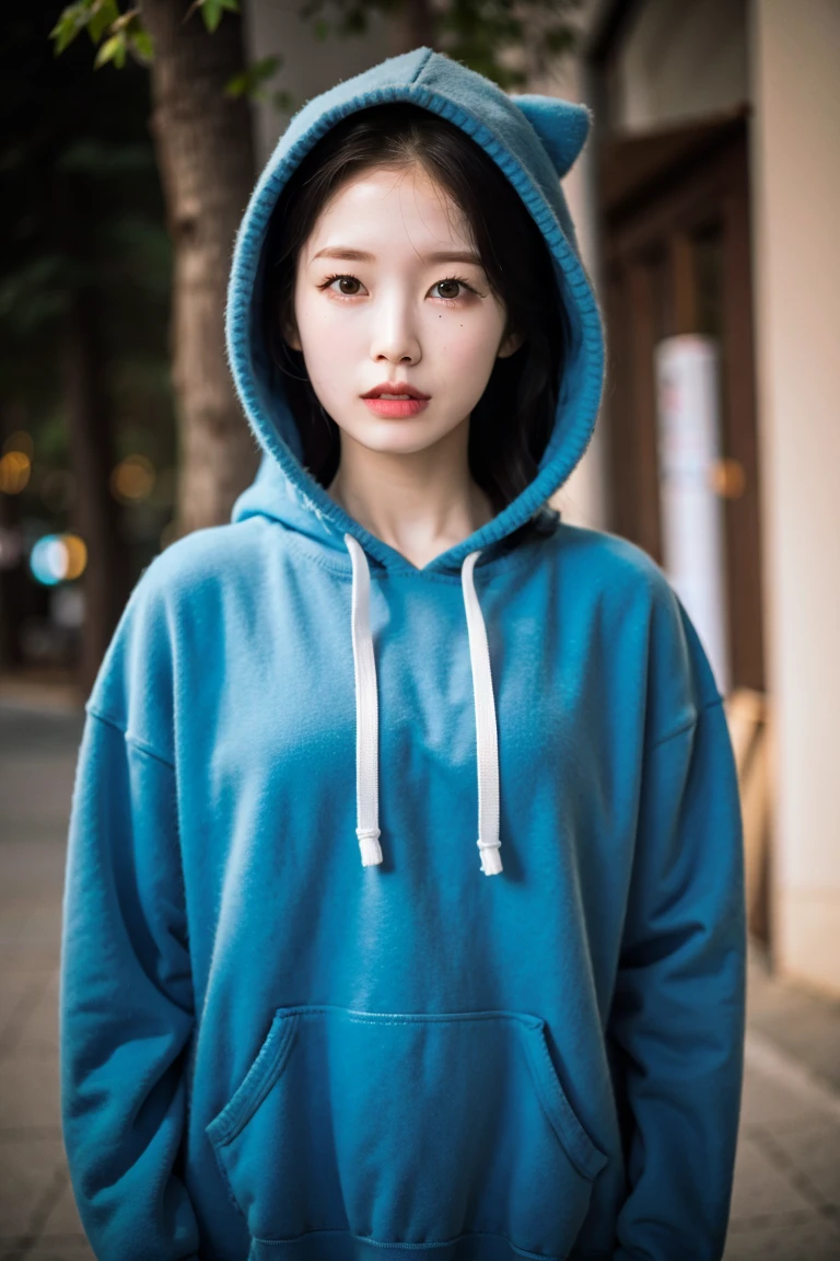 upper body photo of arinomg in blue hoodie, makeup, streets, day, hard shadows, (photorealistic:2.0), <lora:arinomg-v3:1>