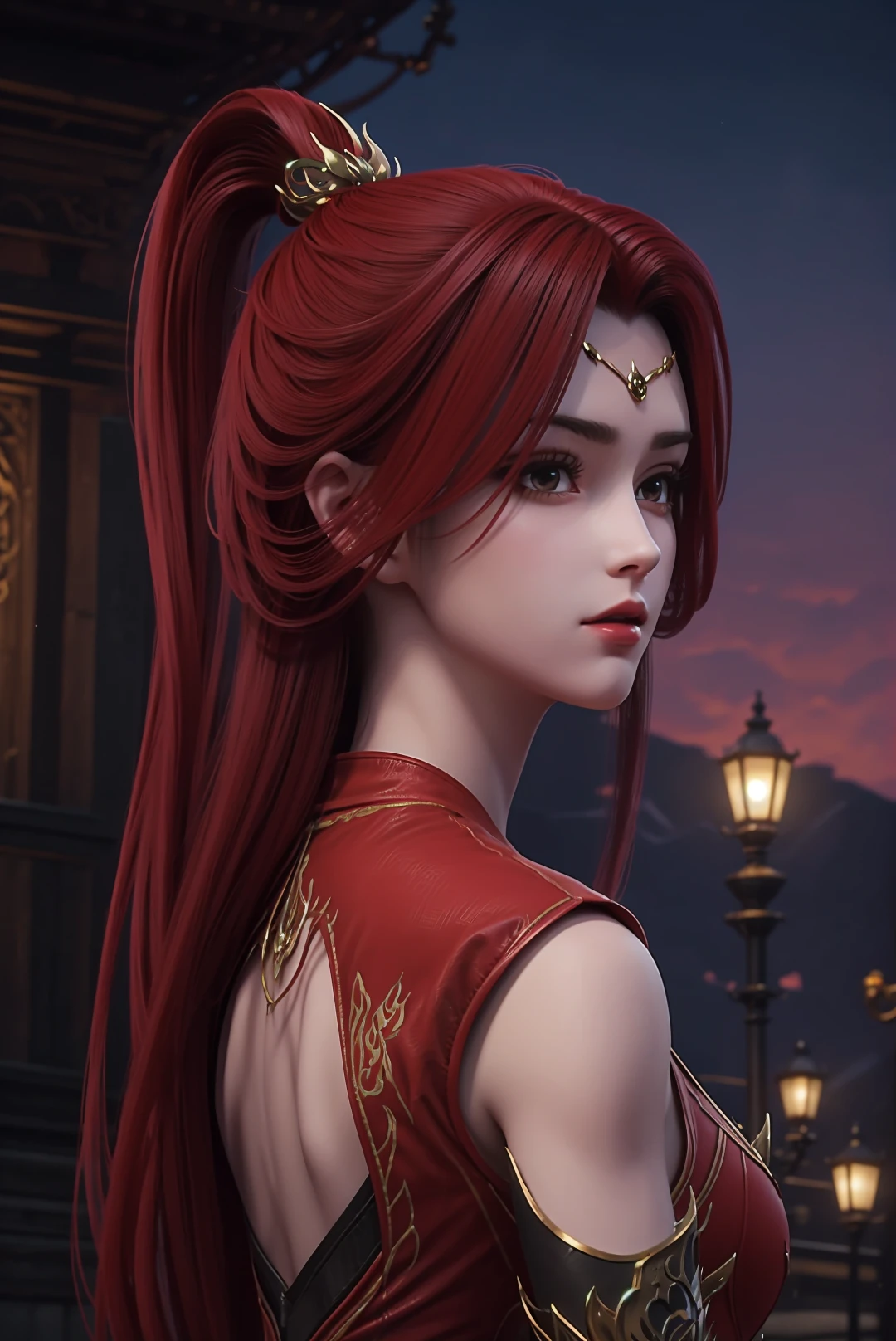 1girl,solo,red hair,long hair,ponytail,dress,looking at viewer,outdoors,scenery,night,portrait,Highly detailed,(ultra-detailed),(best quality,masterpiece:1.5),<lora:tanghuoer:0.6>,