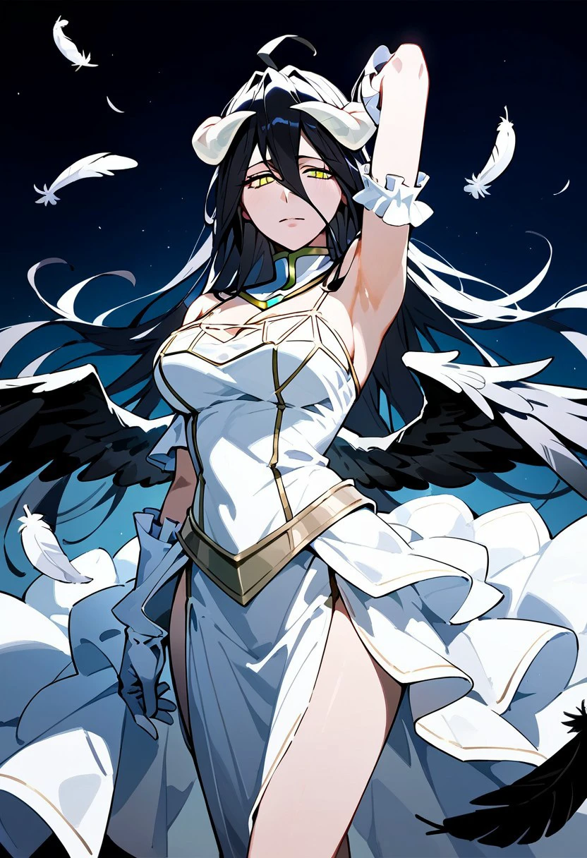 score_9,score_8_up,score_7_up,source_anime, albedo (overlord),1girl,solo,breasts,large breasts,gloves,dress,cleavage,bare shoulders,white gloves,armpits,white dress,arm up,detached collar,feathers,hip vent,