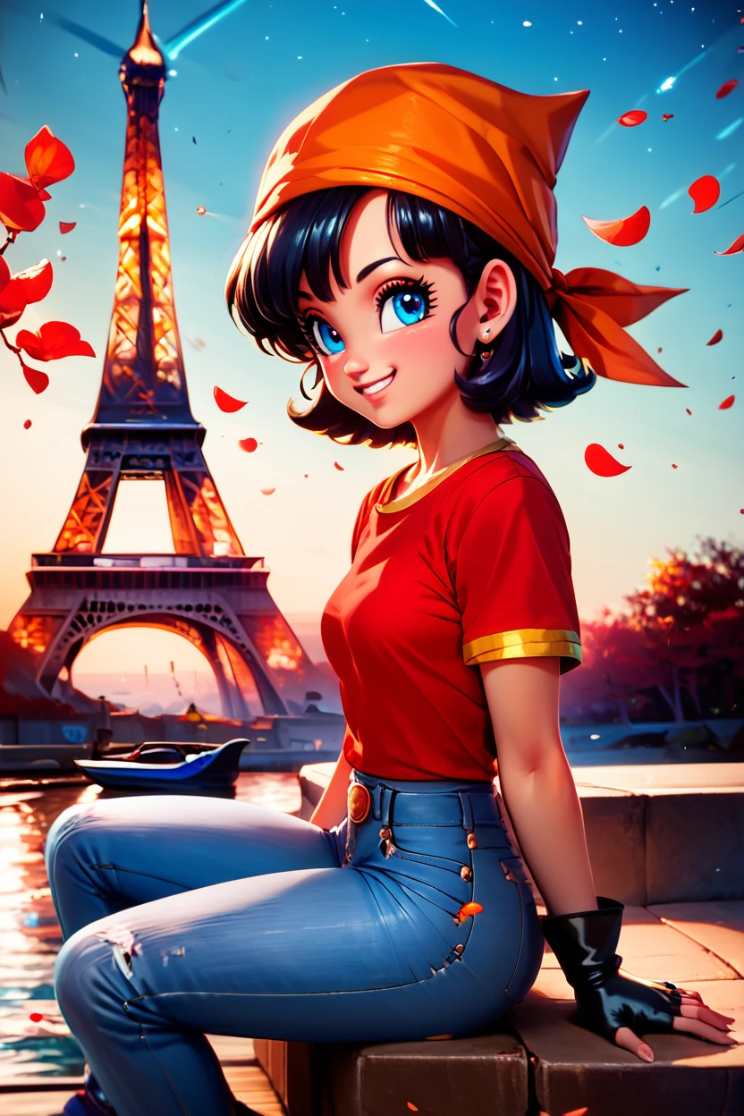 score_9, score_8_up, score_8, medium breasts, (curvy), cute, eyelashes,       BREAK, , zzPan, black hair, short hair, bandana, gloves, fingerless gloves, red shirt, denim pants,  <lora:Pan_Dragonball_PDXL:0.8>, , BREAK,  zzEiffelTower in background, sitting, watercraft, boat, sitting on wall, side view, looking at viewer, smile,  BREAK, blooming stars, luminescent petals, otherworldly fragrance blurry background, embedding:zPDXL, Expressiveh, <lora:EiffelTowerPDXL:1.0>,  <lora:CatalystStylePDXL:0.6>,  <lora:SDXLFaeTastic2400:0.5>,  <lora:Expressive_H-000001:0.4>,