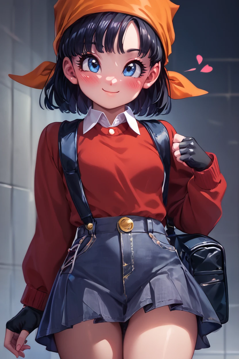 score_9, score_8_up, score_8, medium breasts, (curvy), cute, eyelashes,       BREAK, , zzPan, black hair, short hair, bandana, gloves, fingerless gloves, red shirt, denim pants,  <lora:Pan_Dragonball_PDXL:0.8>, , BREAK, closed mouth, alternate costume, smile, looking at viewer, collared shirt, blush, sweater, black skirt, eyelashes, long sleeves, sleeves past wrists, plaid skirt, shoulder bag, black bag, blurry, tile floor, pleated skirt, white shirt, cowboy shot,  embedding:zPDXL, Expressiveh,  <lora:Vivid:0.7>,  <lora:Uncensored_PonyXL_cpt_v02.09:0.4>,  <lora:Expressive_H-000001:0.4>,