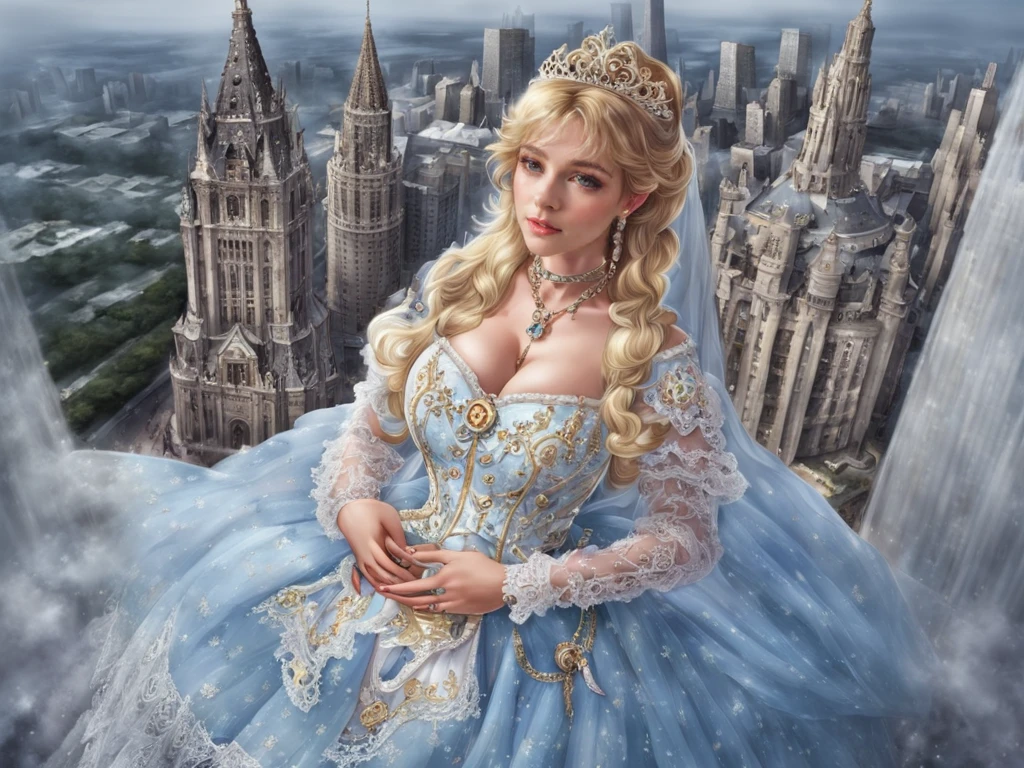 (masterpiece, best quality:1.2),illustration,8k,hd,1 girl,very long hair,(from above:1.4),solo,blonde hair,byrs,jewelry,dress,long sleeves,hair ornament,earrings,necklace,lace,tiara,choker,bow,lace-trimmed dress,(cleavage:1.2),(huge breasts:1.2),hands on own chest,(skyscraper:1.4),<lora:add-detail-xl:1>,<lora:killerè¸é¨å¤§å°è°èå¨v2-02:1>,(european princess:1.2),<lora:byrs XL:0.8>,