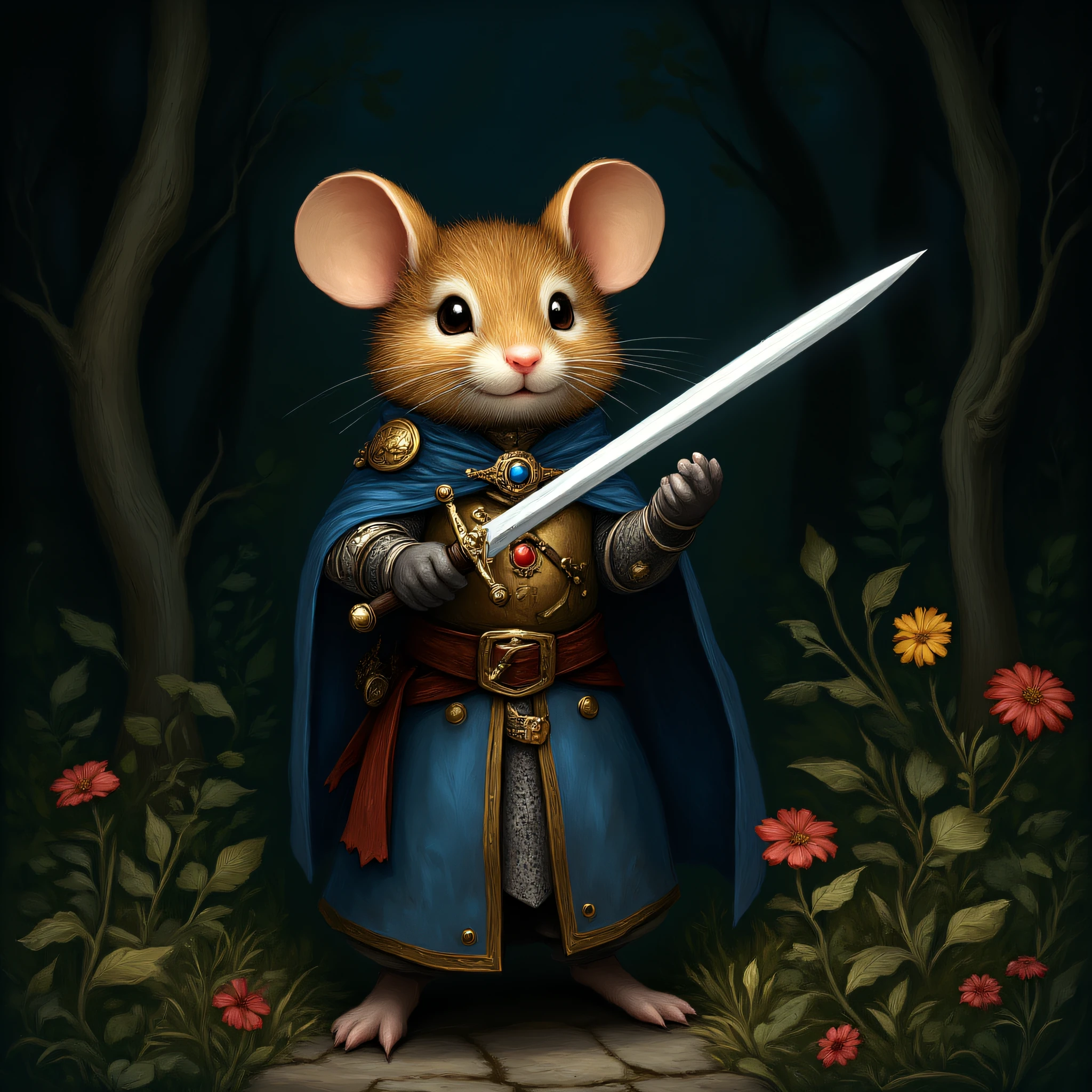 MazesAndMice, The image is a digital illustration of a mouse dressed up as a knight. The mouse is standing in a forest-like setting with tall trees and bushes in the background. It is wearing a blue cloak with gold accents and a gold belt with a sword in its hand. The cloak has a gold emblem on the left side and a red ribbon tied around its waist. The sword is held in the mouse's right hand and is pointed towards the viewer. The background is dark and the overall mood of the image is mysterious and magical., weapon, sword, mouse, cape, solo, flower, furry, mouse ears, nature, armor