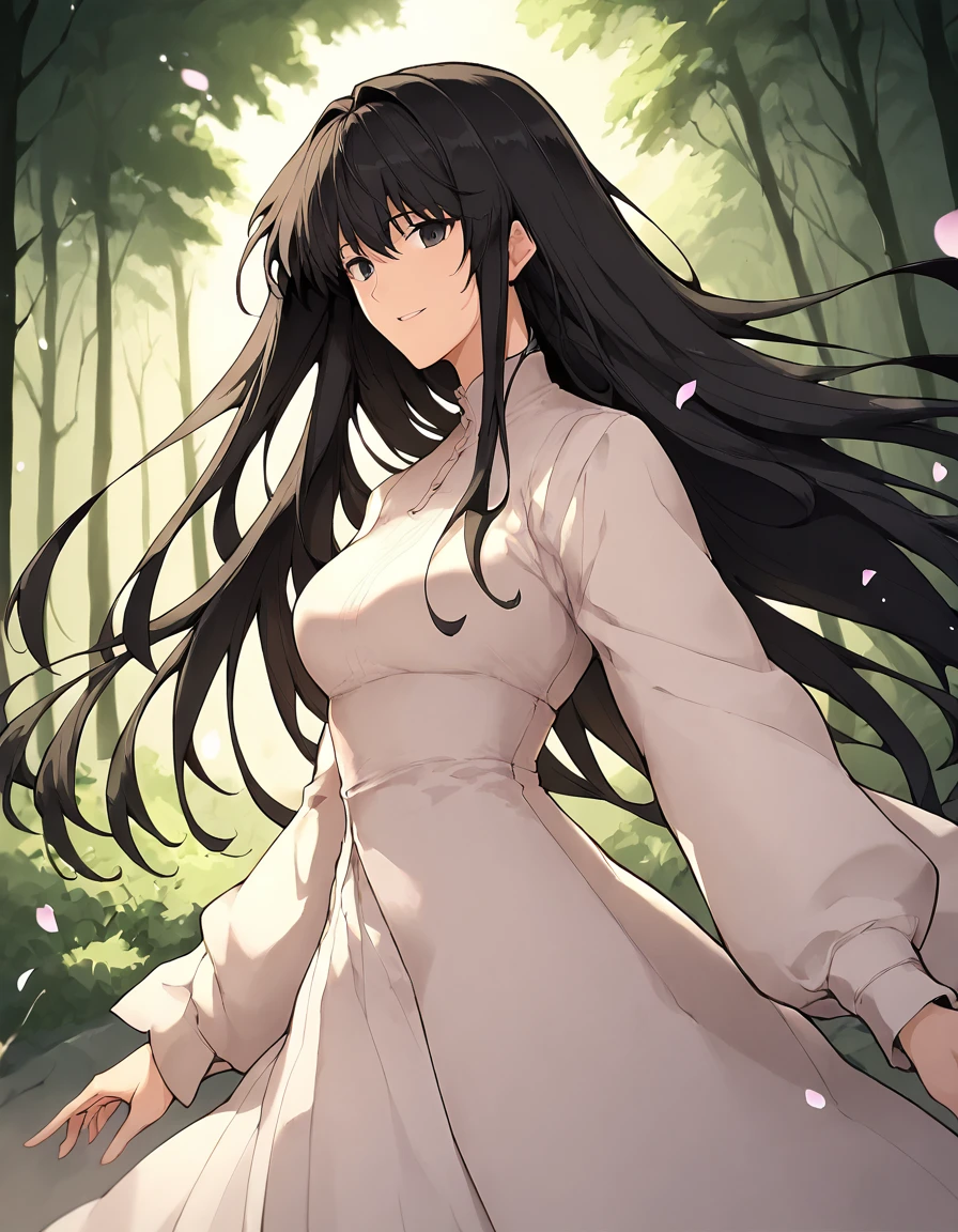 score_9, score_8_up, score_7_up, source_anime,halcon,1girl,  <lora:[pony]halcon:1>,parted lips, smile,standing, long hair, outdoors, black hair, forest,bubble, petals, floating hair,