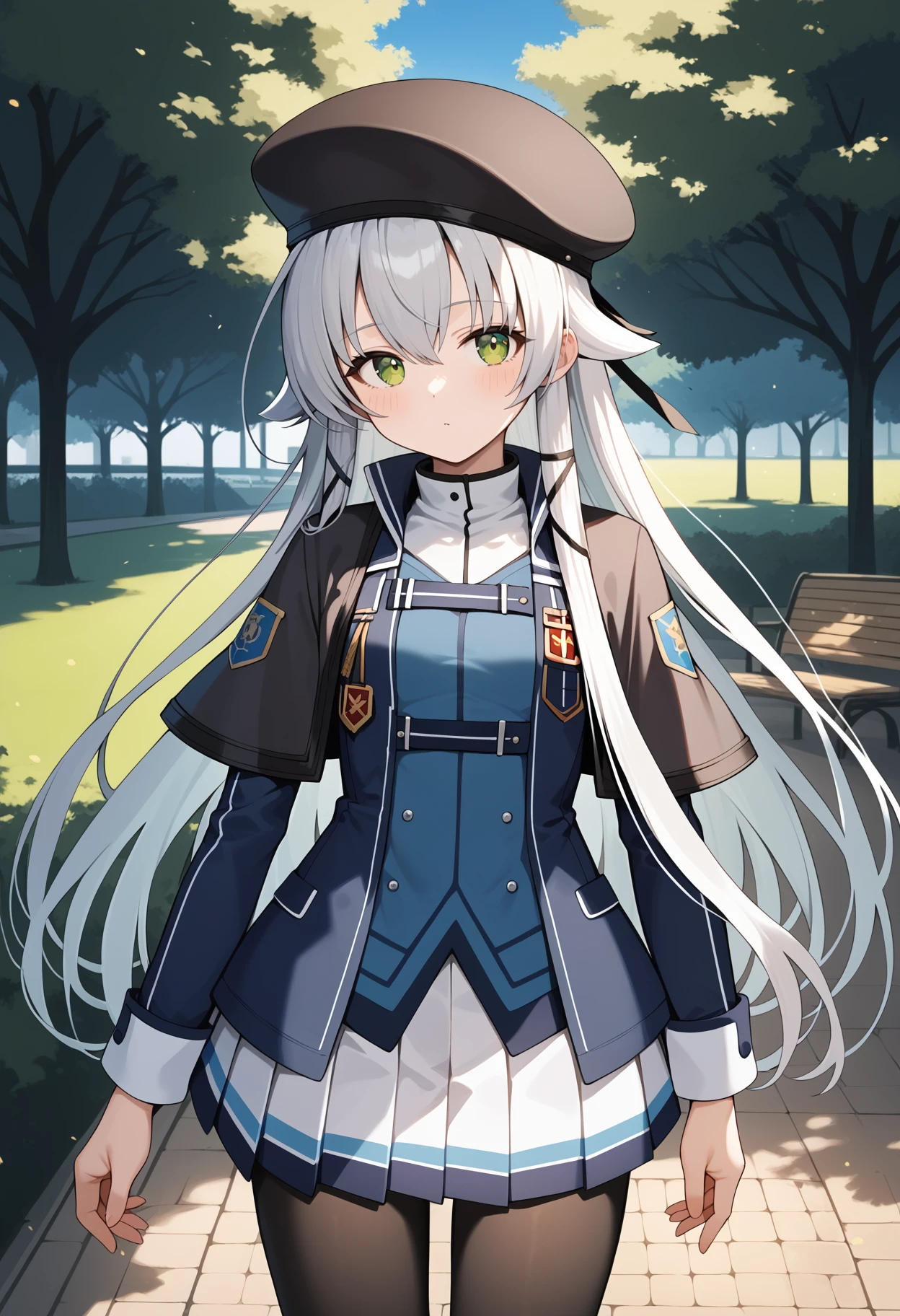 score_9, score_8_up, score_7_up, score_6_up, score_5_up, score_4_up, source_anime, aaaltina, long hair, white hair, hair flaps, beret, black headwear, sidelocks, tress ribbon, green eyes, small breasts, black capelet, blue jacket, long sleeves, pleated skirt, white skirt, black pantyhose, <lora:altina_orion_ponyxl_v1:0.9>, standing, cowboy shot, outdoors, park,