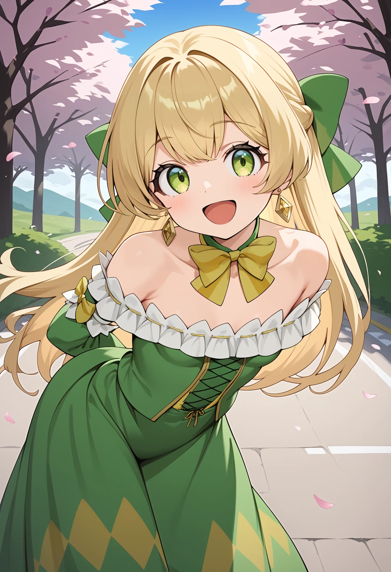 score_9, score_8_up, score_7_up, score_6_up, score_5_up, score_4_up, source_anime, aatelestia, long hair, blonde hair, hair bow, earrings, green eyes, small breasts, collarbone, bare shoulders, yellow bowtie, strapless, green dress, long sleeves, green sleeves, <lora:telestia_terra_esfort_ponyxl_v1:0.9>, smile, open mouth, standing, cowboy shot, leaning forward, bent over, outdoors, cherry blossoms, arms behind back, road,