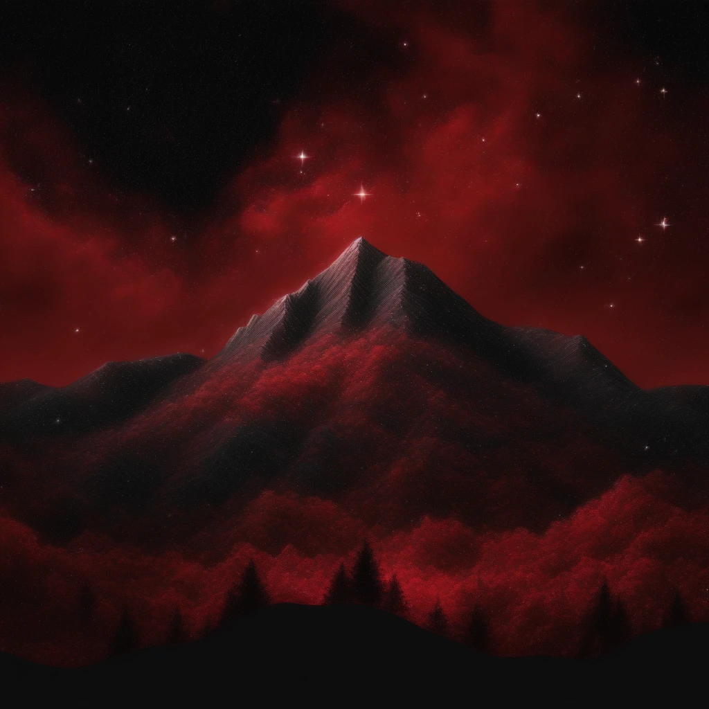 scenery, simple background, mountain, starry sky, red theme, tree, black background, cloud, realistic