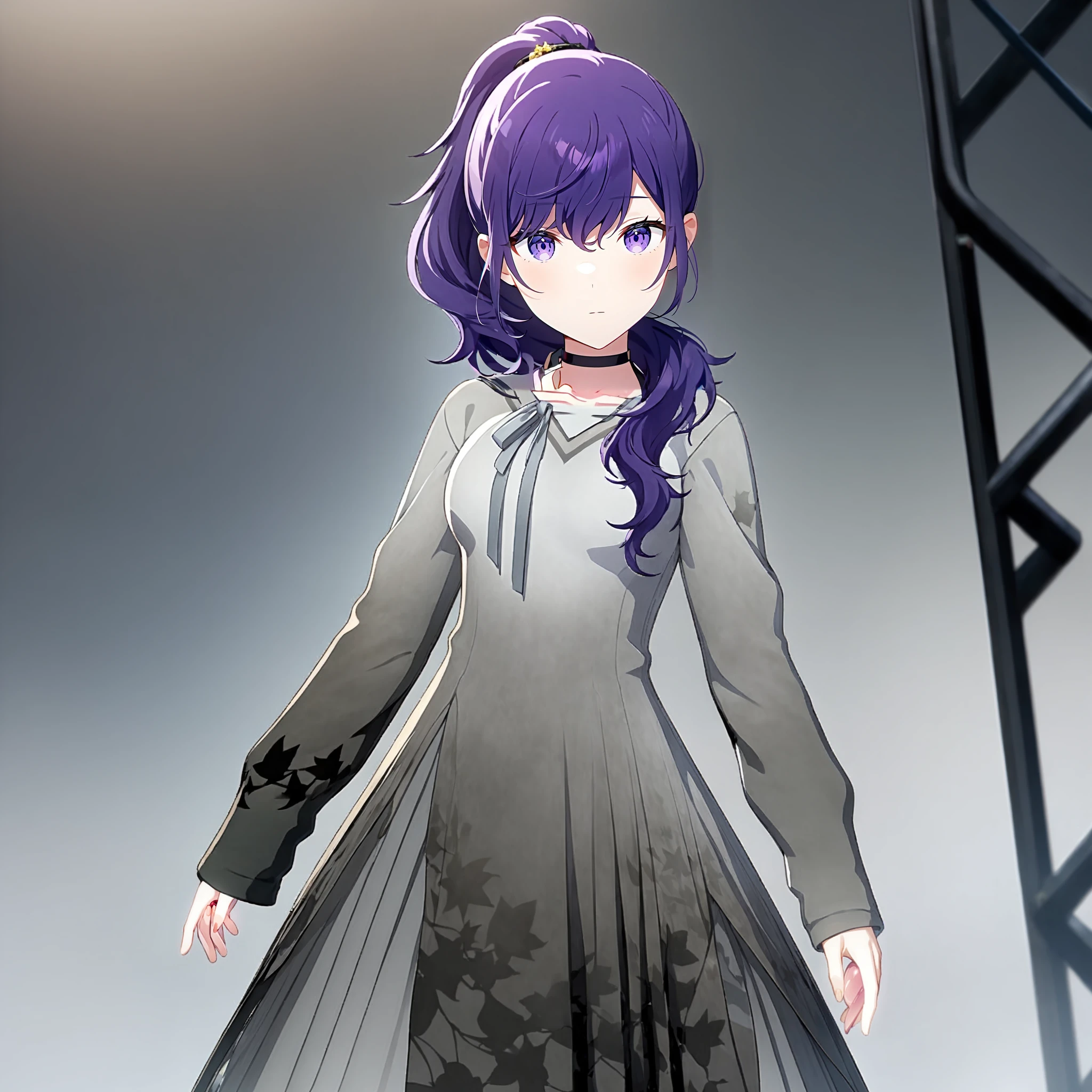 1girl, asahina mafuyu, project sekai, masterpiece, very aesthetic, absurdres, official art, recent,
brandnew mafuyu, purple hair, long hair, high ponytail, purple eyes, hair over shoulder,
(looking at viewer:1.4), expressionless, standing, holding red apple with both hands, BREAK
grey dress, long sleeves, black choker, grey ribbon, sleeves past wrists, leaf print, white ribbon, grey bow, neck ribbon, see-through, lace-trimmed dress, BREAK
(steel frame:1.4), mist, grey background, blurry background,
<lora:sdxl-25-BNMafuyu03:0.8:lbw=XL-Clear>