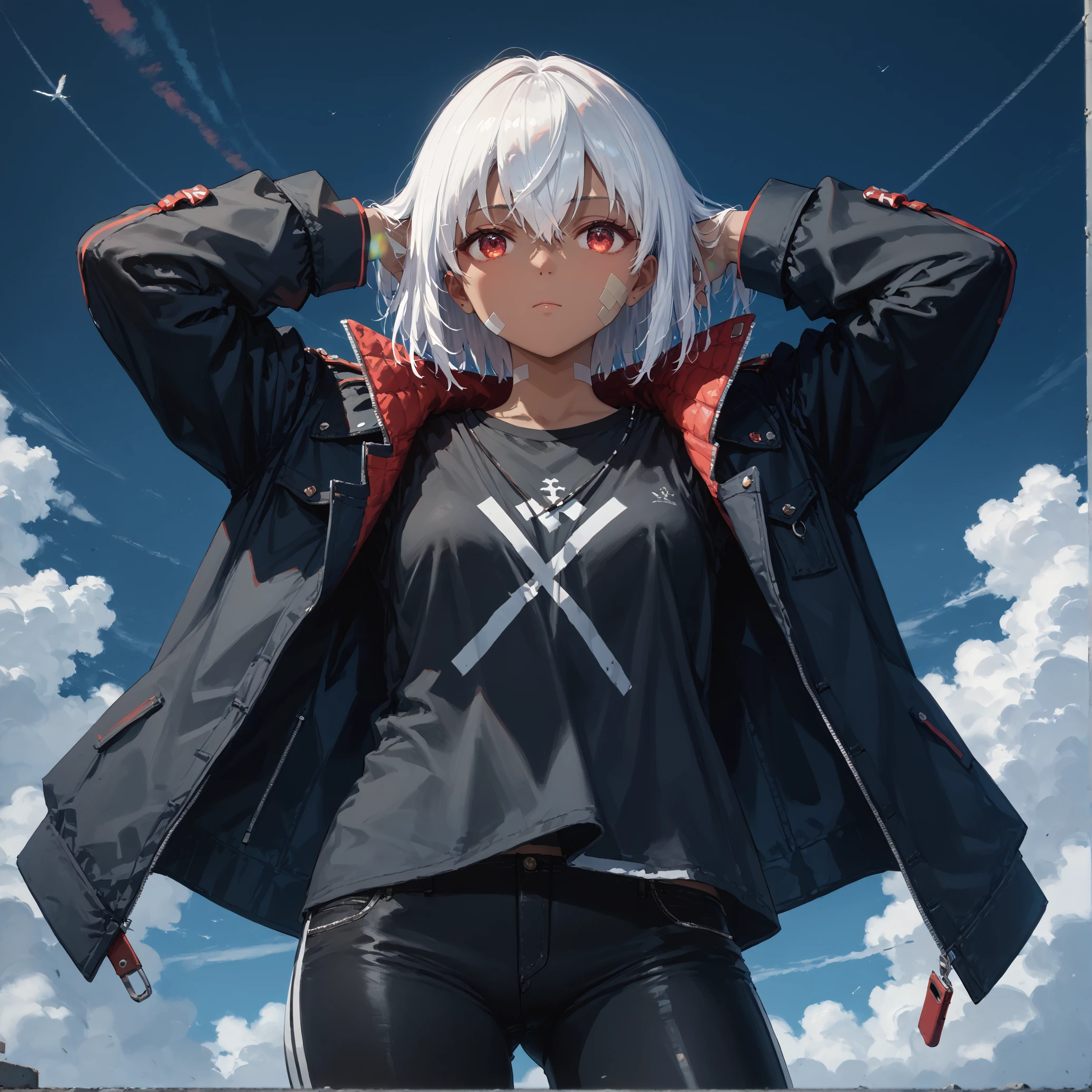 score_9, score_8, score_7_up masterpiece, amazing quality, hyper detailed, high resolution, highres, (embedding:zPDXL3:1.1),


Ivy, 1girl, solo, dark skin, white hair, hair between eyes, bangs, red eyes, bandaid, black jacket, black shirt, black pants,
black backround, hands behind head, 