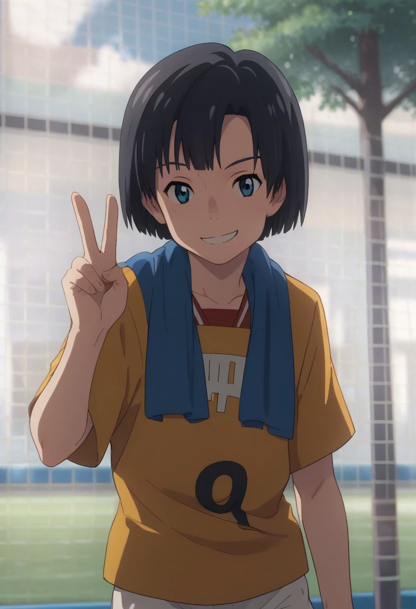 score_9, score_8_up, score_7_up, source_anime, highly detailed, 
nagiamano, 1boy, male focus, solo, black hair, short hair, bangs, blue eyes, soccer uniform, yellow shirt, white shorts, upper body. smile, v sign, stand, towel around neck,
outdoor, day, sky, tree,