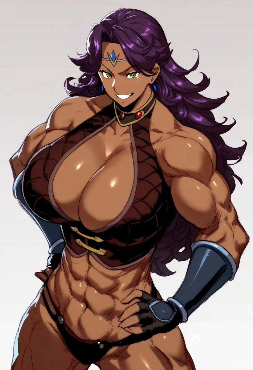 Score_9, score_8_up, score_7_up, score_6_up, score_5_up, score_4_up, 1girl, solo, amazon warrior, human female, green eyes, long hair, dark-skinned female, huge breasts, dark skin, green eyes, grin, jewelry, purple hair, dark-skinned female, earrings, cleavage, long hair, large breasts, grin, muscular female, muscular, bare shoulders, huge breasts, looking at viewer, circlet, abs, navel, collarbone, obui_style, Circlet, Forehead Tiara, Leather Top, Arm Guards, hands on hips, fingerless gloves