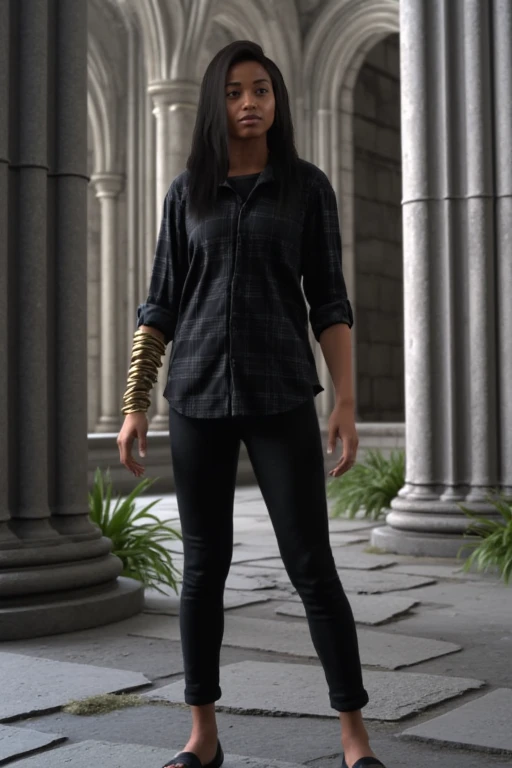 freyhollandforspoken, a freyhollandforspoken 1girl, solo, long hair, black hair, dark skin, medium brown skin. She has a slender physique. The woman has long, straight, black hair that cascades over her shoulders. She is dressed in a dark, plaid shirt and a pair of black pants, gold bracelets. Standing in an ancient, stone-walled corridor. The background features tall, gray stone columns with intricate detailing. The ground is covered in a mixture of stone slabs and dirt, with a few plants peeking out from the cracks. The overall setting suggests an ancient, possibly medieval or Gothic structure, with a sense of timelessness and mystery. The image is rich in detail, with textures of the stone walls and the woman's clothing being particularly well-defined.<lora:FreyForspoken_EllaBalinska:1>