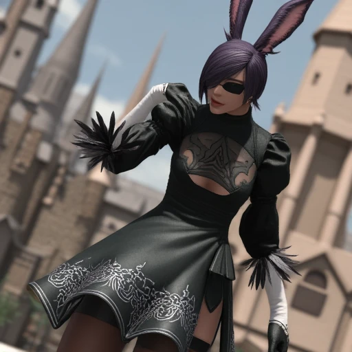 2bxiv, viera, cosplay, animal ears, rabbit ears, 1boy, male focus, facial mark, dark skin, solo, dark-skinned female, gloves, looking at viewer, black hair, upper body, short hair, lips, earrings, puffy sleeves, jewelry, black gloves, brown eyes, building, dress,