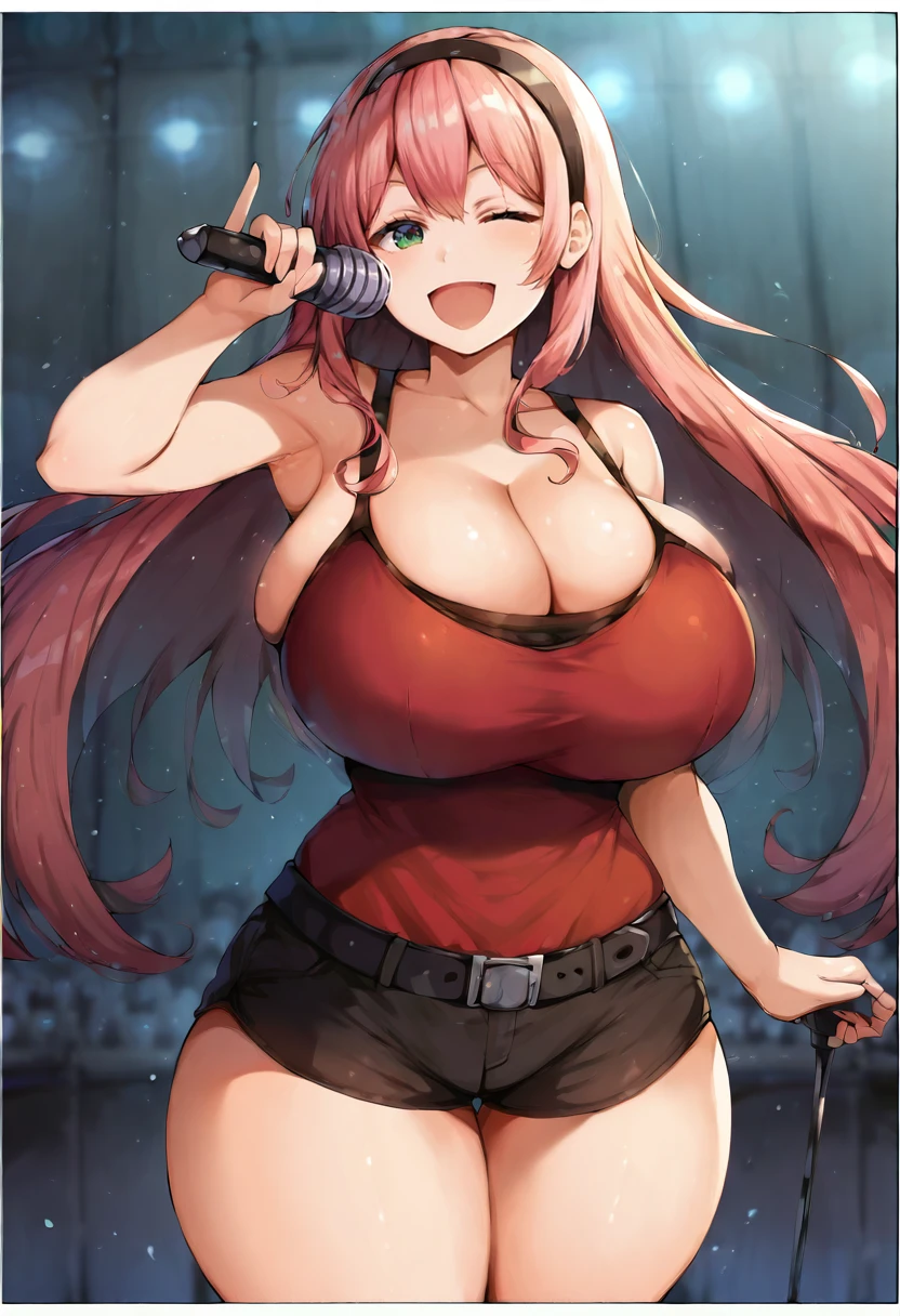 score_9, score_7_up,  1girl, 
huge breasts, wide hips, thick thighs, holding, short shorts, cleavage, bouncing breasts, open mouth, collarbone, green eyes, looking at viewer, white border, very long hair, outside border, pink hair, solo, taut clothes, black belt, long hair, holding microphone, one eye closed, arm up, belt, cowboy shot, ;d, smile, standing, black shorts, breasts, shirt, red shirt, black undershirt, black hairband, border, armpits, bare shoulders, tank top, microphone, thighs, hairband, shorts
 <lora:belko-Style-PonyXL-GLoRA-000049:1>