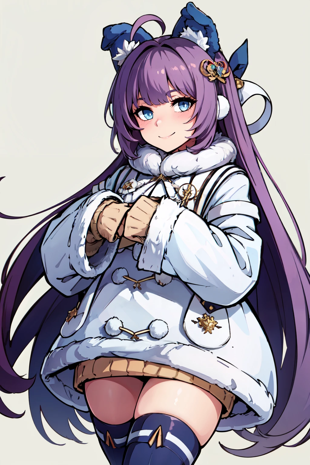 ((masterpiece,best quality)), absurdres,   <lora:Tashkent_Azurlane:0.8>, zzTashkent, long hair, purple hair, blue eyes, very long hair, bangs, animal ears, ribbon, hair ribbon, fake animal ears, hair ornament, dress, long sleeves, white coat, sleeves past fingers, white background, white thighhighs, winter clothes, brown sweater, ahoge, fur-trimmed sleeves,    ,,, cowboy shot, smile, looking at viewer,