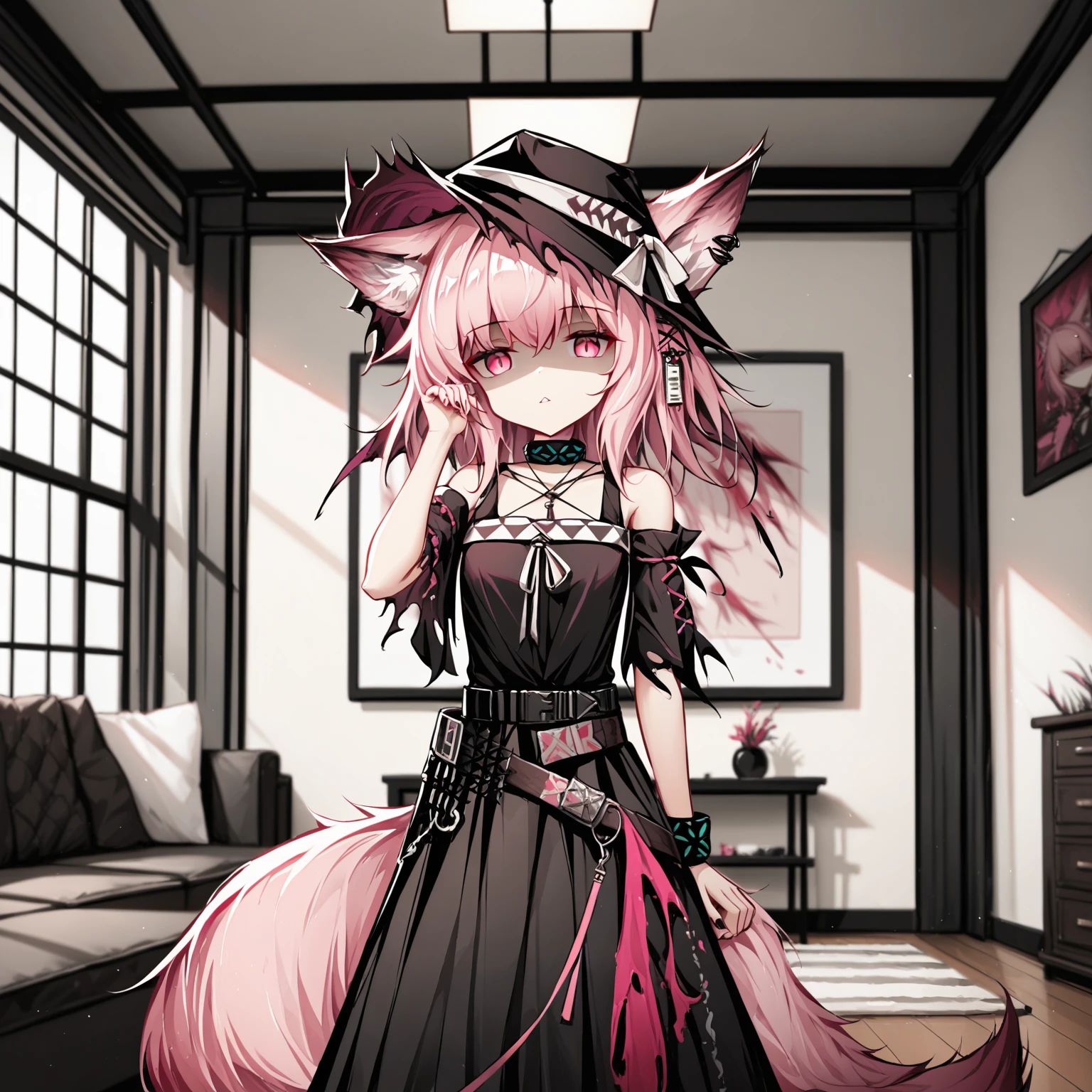 (by merrytail:0.8),  ink style,
1girl, shamare \(arknights\), fox girl, fox tail, fox ears, pink eyes, pink hair, black gothic dress, posing, shaded face, hat, belt,
indoors, living room furnishing,
 <lora:4th_tail_lyco_extract_0.5.0_XL:1>