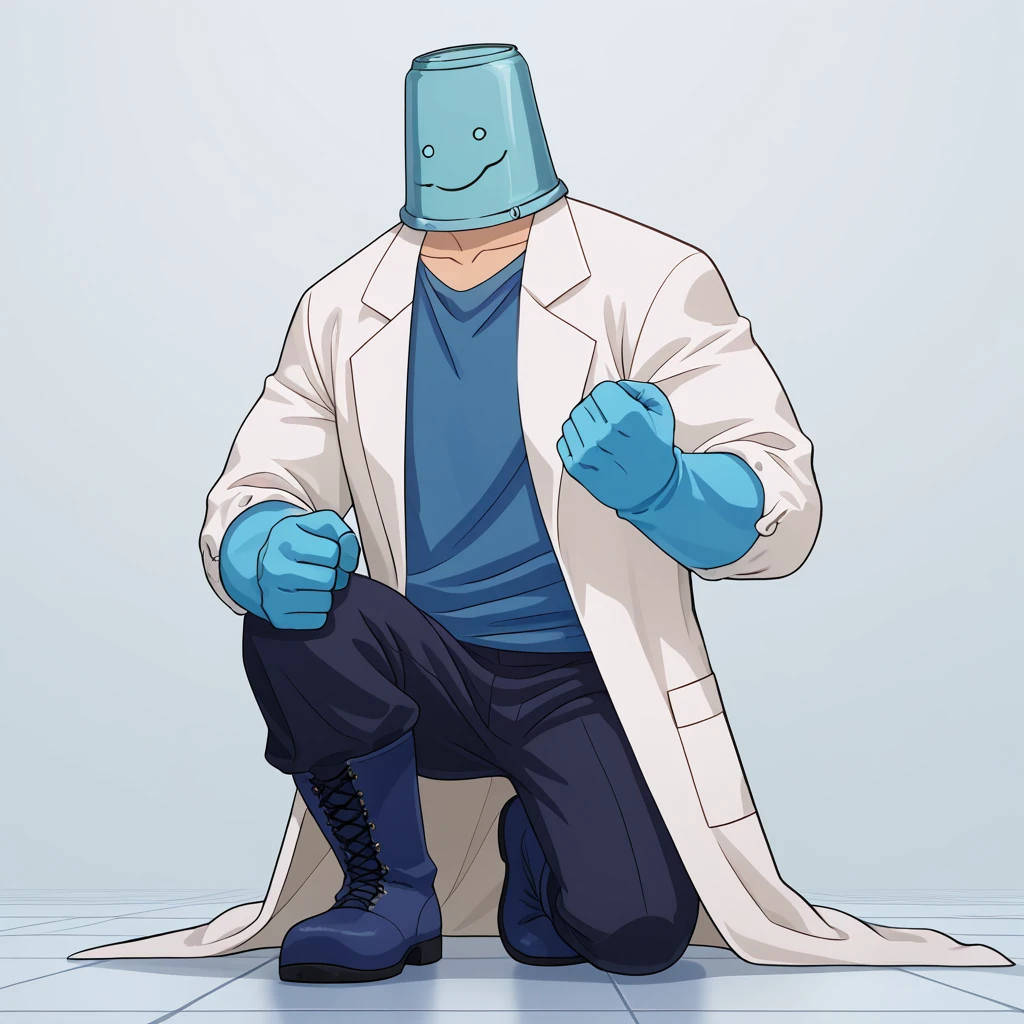 zPDXL2,rating_safe,<lora:Nanao_V2:1>,nanao,solo,male focus,1boy,gloves,pants,lab coat,bucket on head,covered face,latex gloves,boots,blue gloves,clenched hands,full body,blue shirt,shirt,black pants,clenched hand,hands_on_ground,on_one_knee,