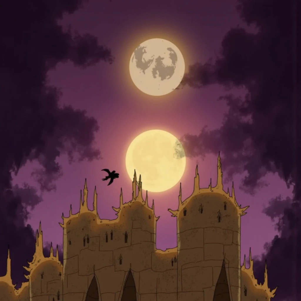 a digital drawing in a realistic, semi-realistic style, depicting a majestic, full moon set against a gradient of dark to light purple hues, the moon is prominently positioned in the center of the image, casting a warm, golden glow over the entire scene, in the foreground, a large, ornate castle with numerous turrets and spires, the castle is made of light beige stone with a worn, weathered texture, suggesting a medieval or fantasy setting, the sky is filled with swirling, dark clouds, adding a sense of depth and mystery to the scene, a small, black bird is flying near the moon, adding to the sense of movement and life, the overall composition is balanced, with the castle occupying the central focus, while the full moon dominates the background, creating a serene and mystical atmosphere, the texture of the drawing is smooth, with a slight sheen that enhances the realism of the scene