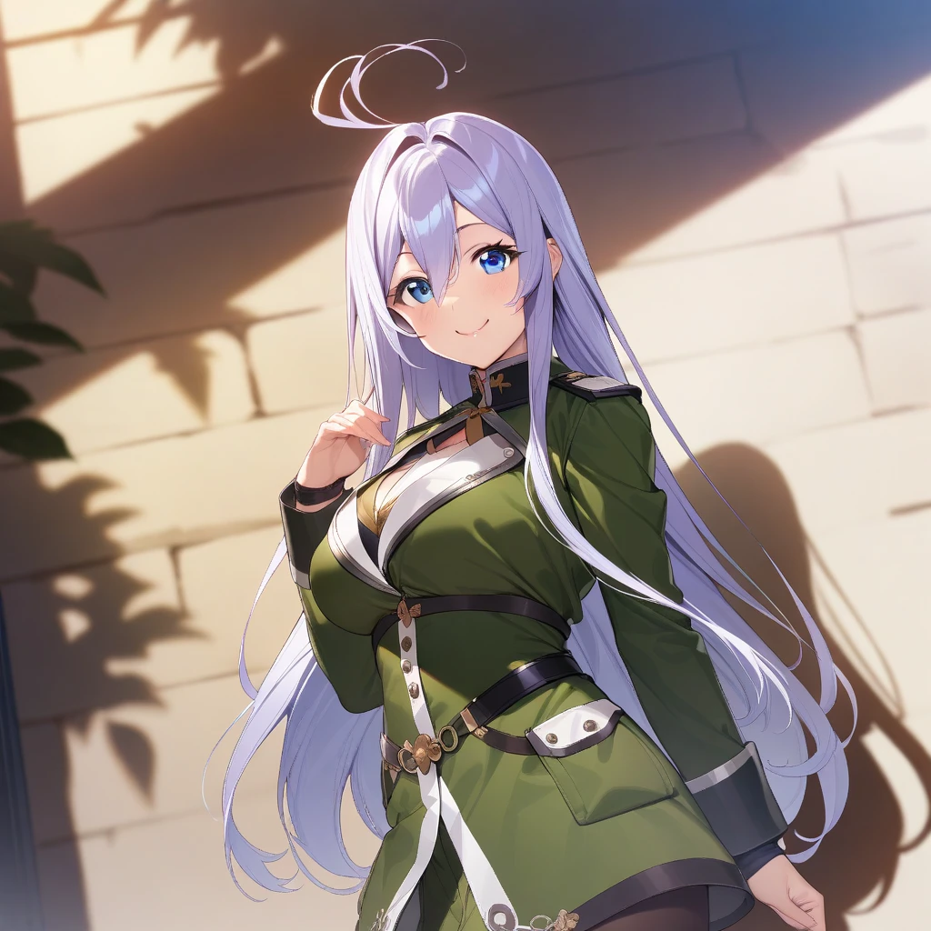 anju_emma, purple hair, long hair, blue eyes, large breasts, military uniform, green outfit, cowboy shot, smile, looking at viewer, <lora:XL-AnjuEmma:1>, (masterpiece),(best quality),(ultra-detailed),(best illustration),(best shadow),(absurdres),(detailed background),(very aesthetic),