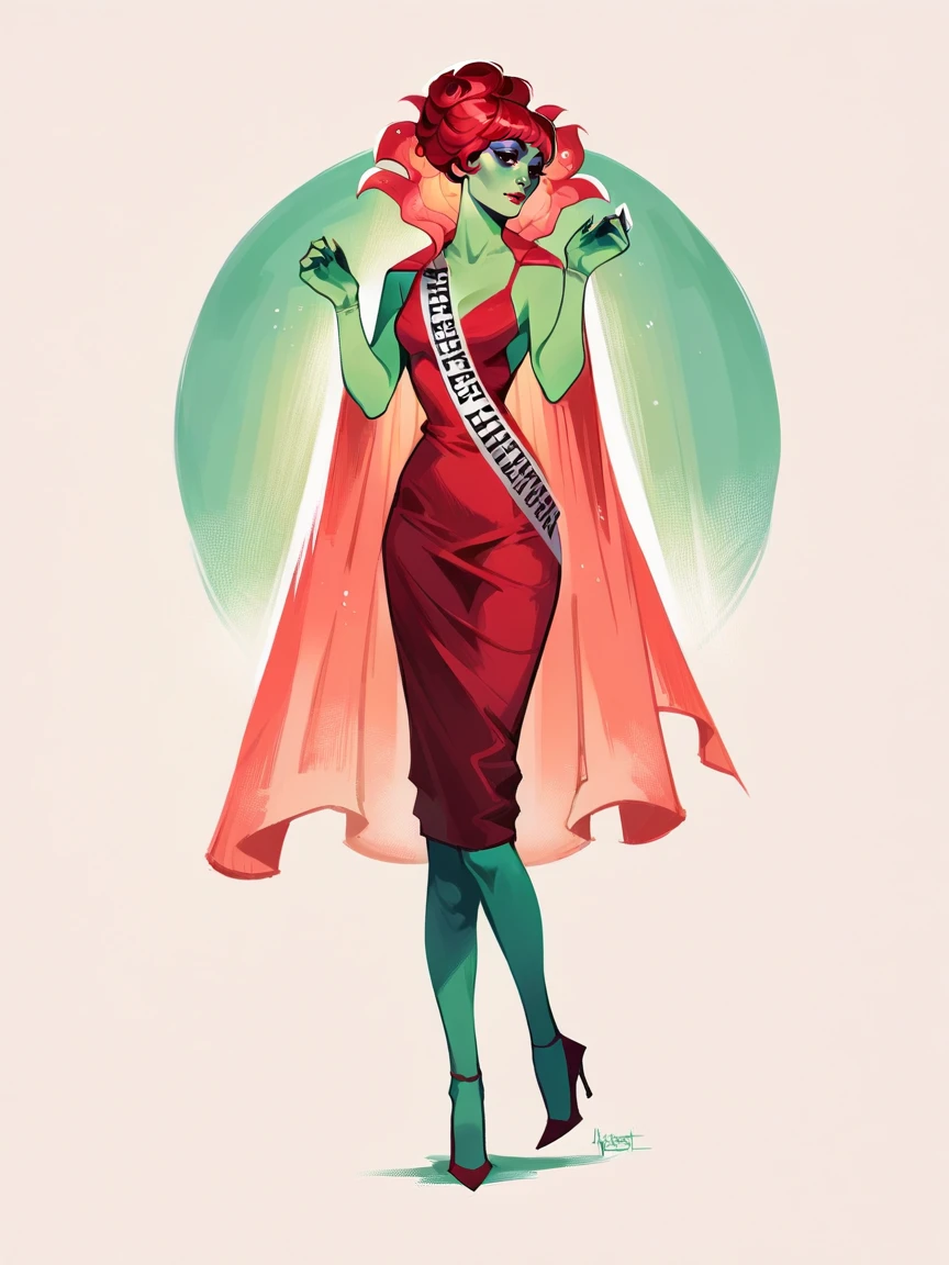 score_9, score_8_up, score_7_up, score_6_up, score_5_up,  <lora:MissArgentinaXLP:1> miss argentina, 1girl, solo, red hair, green skin, makeup, dress, full body, high heels,