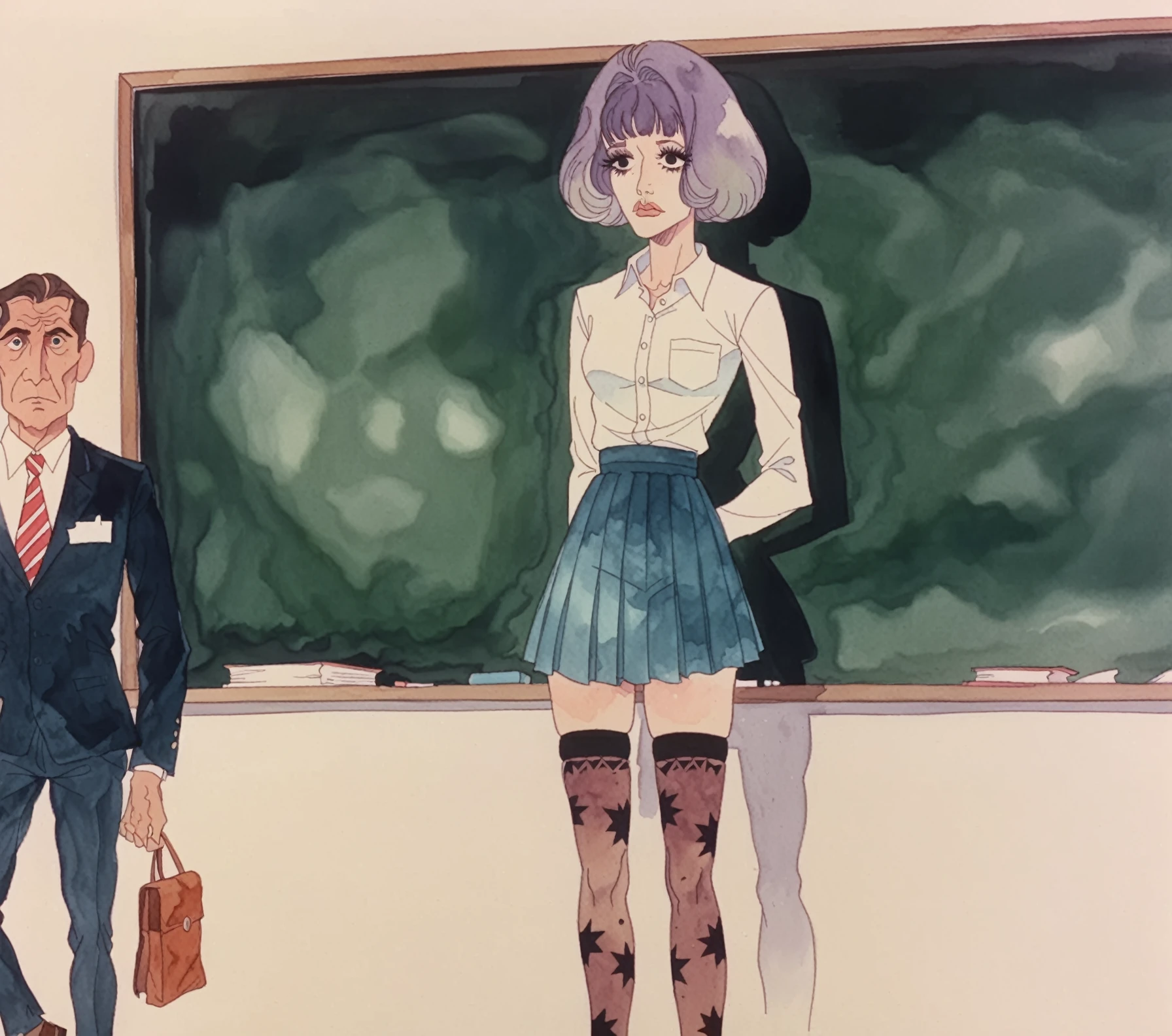 <lora:Belladonna_pony_v1:1>a frame from "Belladonna of Sadness \(1973\)", (dreamlike surrealist art piece, watercolor,a multicolored pattern)   Standing before the blackboard, the new teacher at school commands attention. Her attire, a crisp unbottened satin blouse paired with a pleated skirt, is accented by the subtle allure of (laced stockings), adding a touch of fragile femininity to her slender authoritative presence in the classroom. She is revealing her perky protuberant feminity, exposing long narrow calves, (narrow waist), and her gently protuberant skinny curves with fragile, yet authoritative and distiguished feminity., score_9, score_6_up, score_7_up