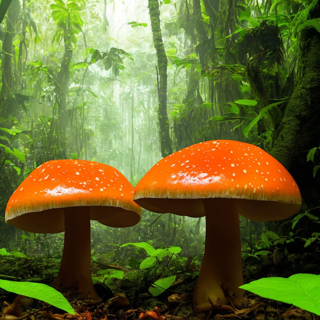 giant mushrooms with orange caps, background jungle, <lora:realmushroom_v10:1>