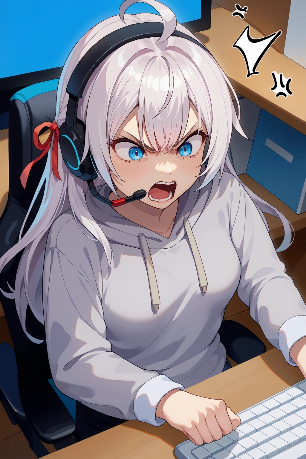 score_9, score_7_up, source_anime, screaming, angry, anger vein, amkkj, large breasts, long hair, silver hair, crossed bangs, blue eyes, ahoge, hair ribbon, grey hoodie, pants, headset, fist, indoors, desk, keyboard \(computer\), monitor, gaming chair, <lora:Hoseki_Roshidere_Alisa_Mikhailovna_Kujou_PDXL_v1:1>