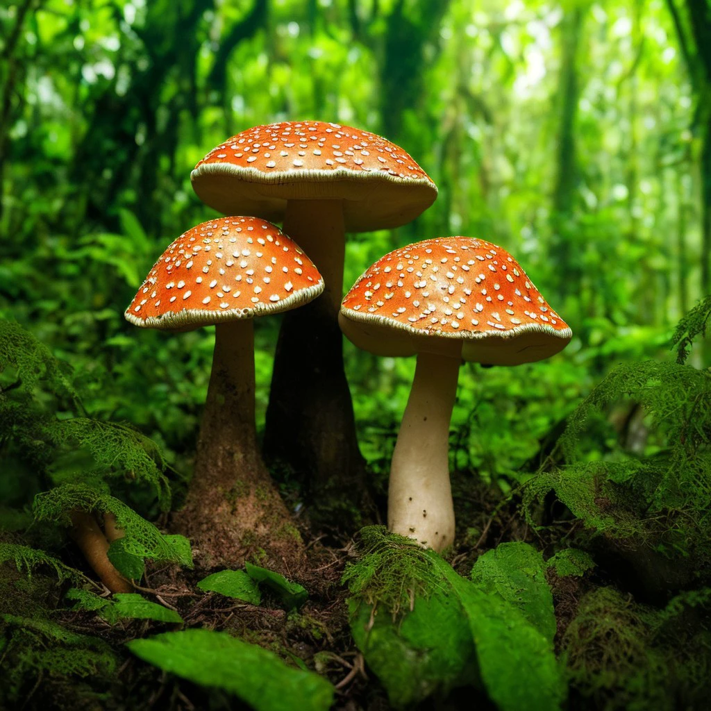 masterpiece, intricate photo, mystic giant mushrooms, background enchanted jungle, photo realistic, highly detailed, sharp focus,  colorful, high resolution, best quality, 8K, <lora:realmushroom_v10:1>