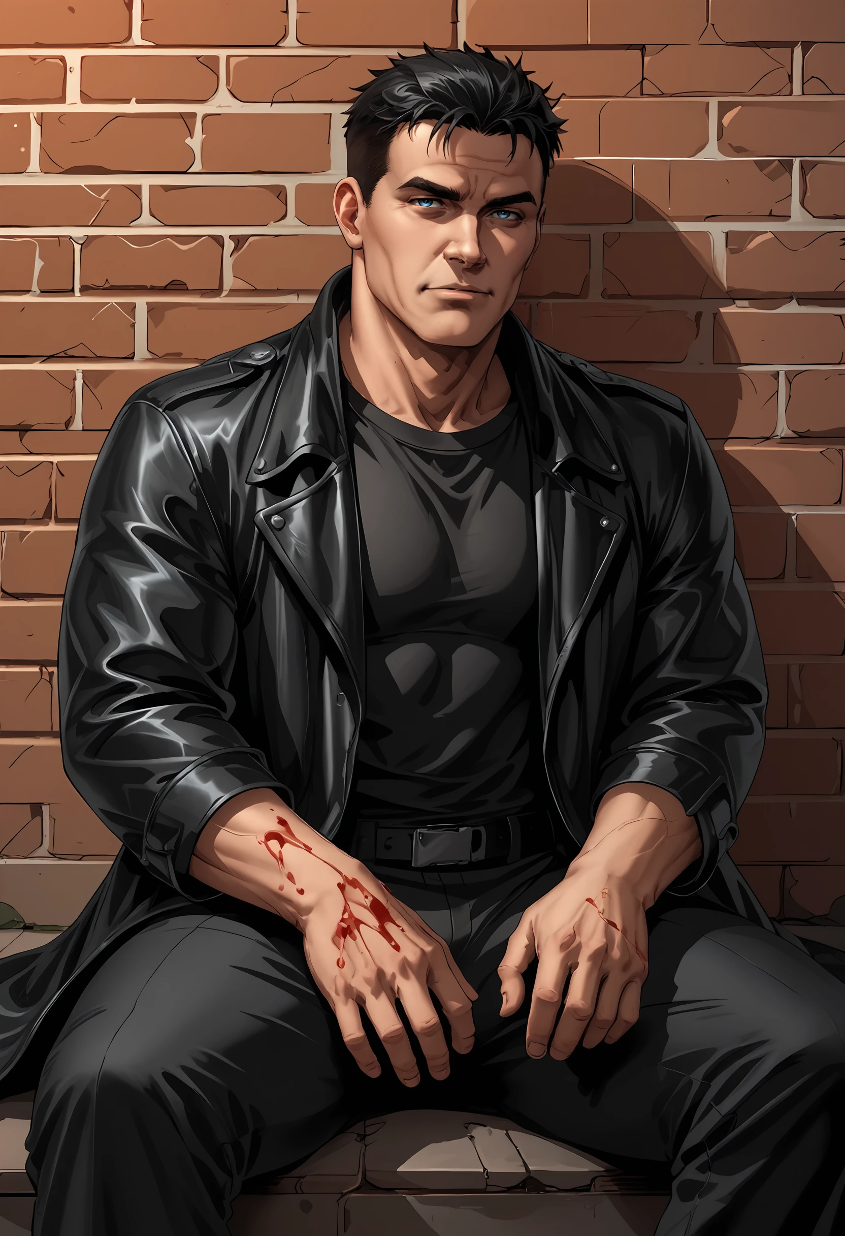 score_9, score_8_up, score_7_up, score_6_up, score_5_up, score_4_up, 1boy, <lora:BillyButcherComicsP:0.85>  male focus, black hair, short hair, blue eyes, jacket, shirt, black shirt, leather jacket, coat, manly, square jaw, muscular, blood on hands, sitting, on grouund, against wall, 
alley background, brick wall,