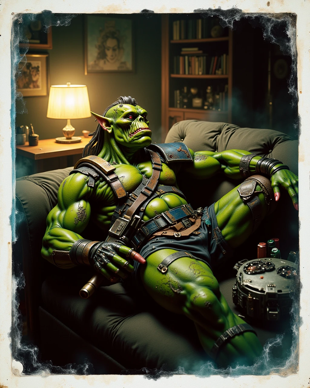 polaroid photo of aiai-Orks green-skinned ork sleeping on a couch after a wild dorm party