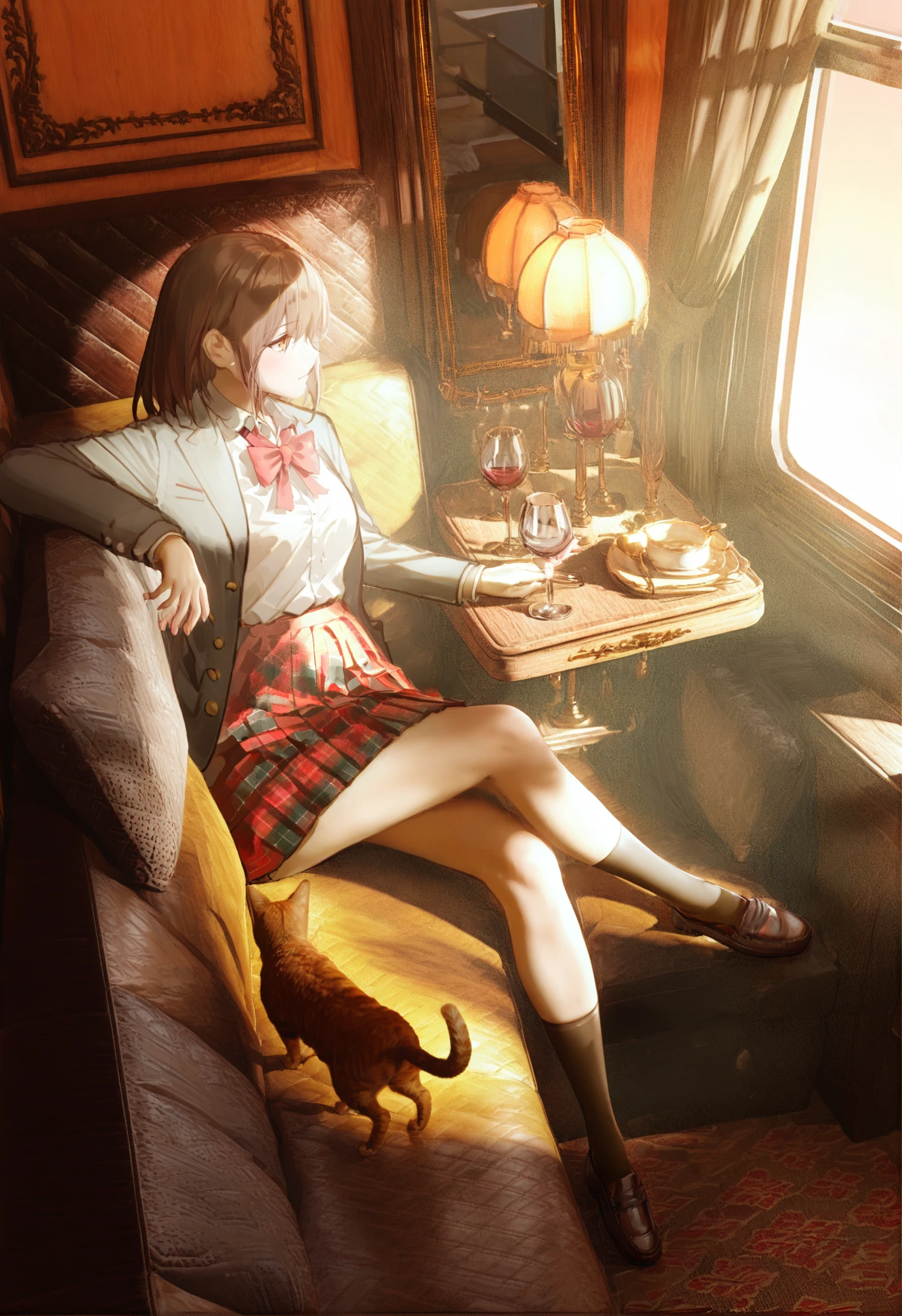 masterpiece, best quality, skirt, sitting, multiple girls, 2girls, brown hair, shirt, bow, white shirt, crossed legs, indoors, bowtie, window, cat, jacket, cup, long sleeves, socks, shoes, long hair, red bow, black cat, short hair, picture frame, school uniform, plaid skirt, red skirt, lamp, plaid, book, loafers, red bowtie, chair, pleated skirt, couch, wine glass 
 <lora:joezunzunXLlokr4f-000179:0.95>