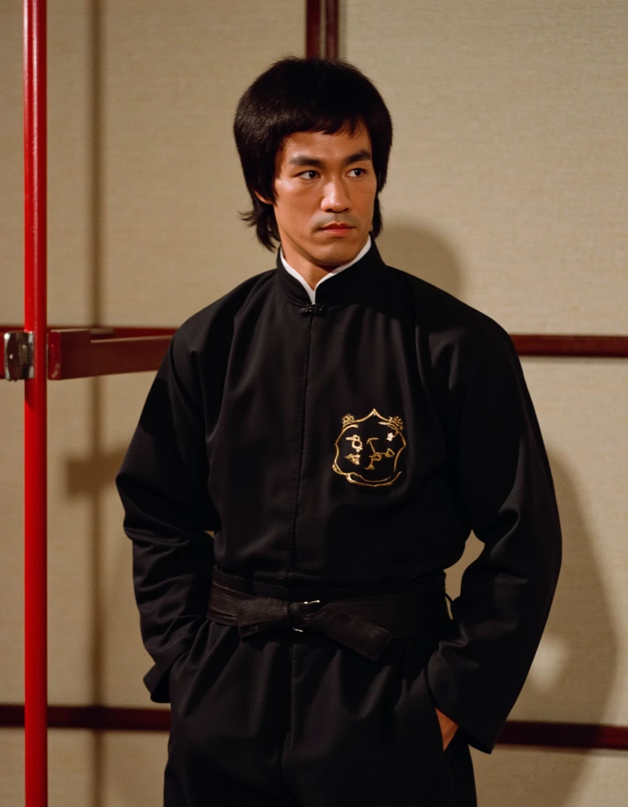 shaolinabbot_brucelee, a chinese shaolinabbot_brucelee man, brucelee, 1boy, male focus, solo, black hair, dressed in traditional Chinese martial arts attire, black traditional Chinese martial arts uniform <lora:ShoalinAbbot_BruceLee_ETD_Flux:1>