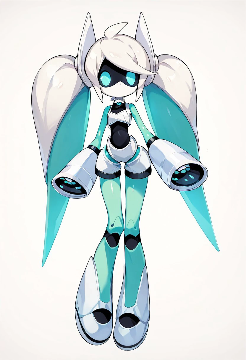 score_9, score_8_up, score_7_up, masterpiece, best quality, White background, 1girl, VoidollNND, Humanoid robot, White hair, white skin, robot, blue eyes, twintails, full body,